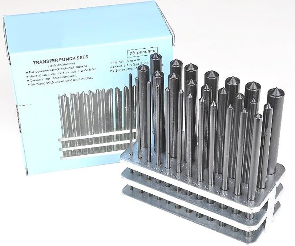 8600 - 0041 28 - Piece Transfer Punch Set – 3/32" to 1/2" by 64Ths + 17/32", Precision Undersize .0025", Hardened Tool Steel, 4 - 7/8" Long, Black Oxide, Indexed Stand for Accurate Hole Transfer - SkinNails&Makeup