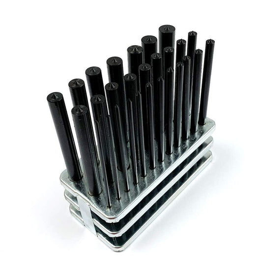 8600 - 0041 28 - Piece Transfer Punch Set – 3/32" to 1/2" by 64Ths + 17/32", Precision Undersize .0025", Hardened Tool Steel, 4 - 7/8" Long, Black Oxide, Indexed Stand for Accurate Hole Transfer - SkinNails&Makeup