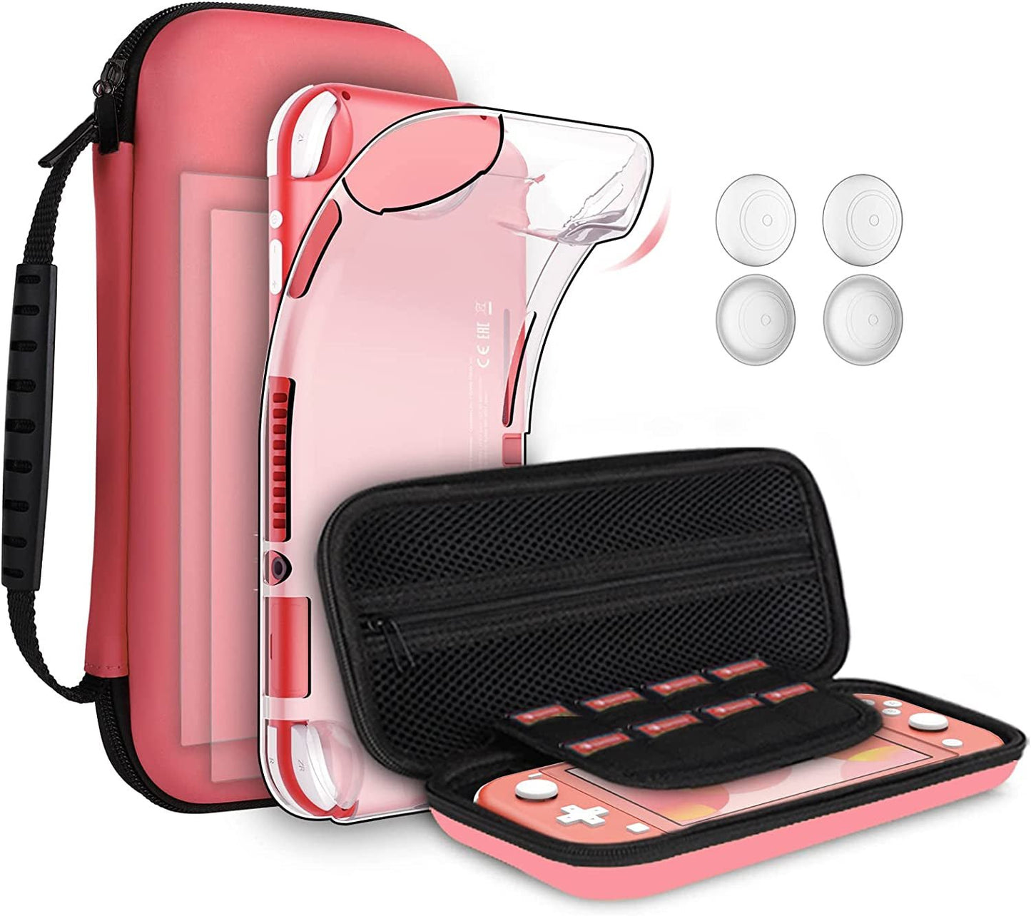 8PCS Case Compatible with Switch Lite, Carrying Case Accessories Kit, 1 Soft Silicon Case + 2 Screen Protector + 4 Thumb Caps + 1 Storage Carrying Coral - SkinNails&Makeup