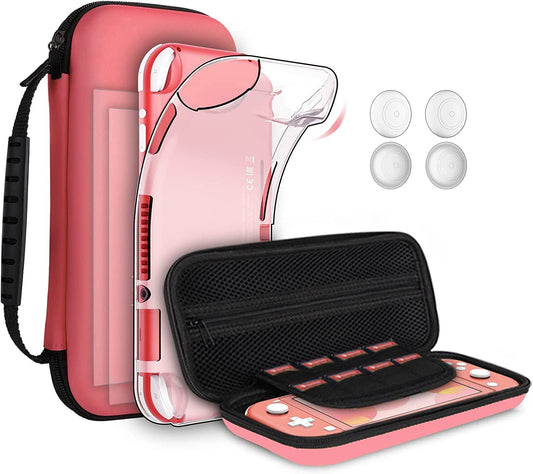 8PCS Case Compatible with Switch Lite, Carrying Case Accessories Kit, 1 Soft Silicon Case + 2 Screen Protector + 4 Thumb Caps + 1 Storage Carrying Coral - SkinNails&Makeup