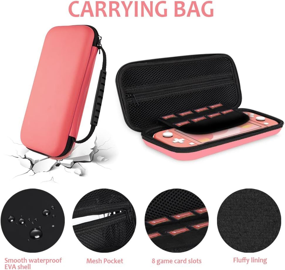 8PCS Case Compatible with Switch Lite, Carrying Case Accessories Kit, 1 Soft Silicon Case + 2 Screen Protector + 4 Thumb Caps + 1 Storage Carrying Coral - SkinNails&Makeup