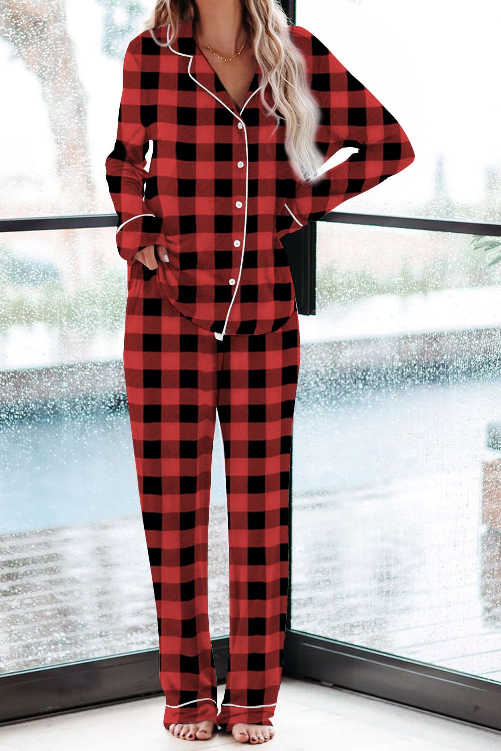 Aamikast Pajama Sets for Women Soft Button Up Christmas Pjs Matching Sets (Plaid Red XXL) - SkinNails&Makeup