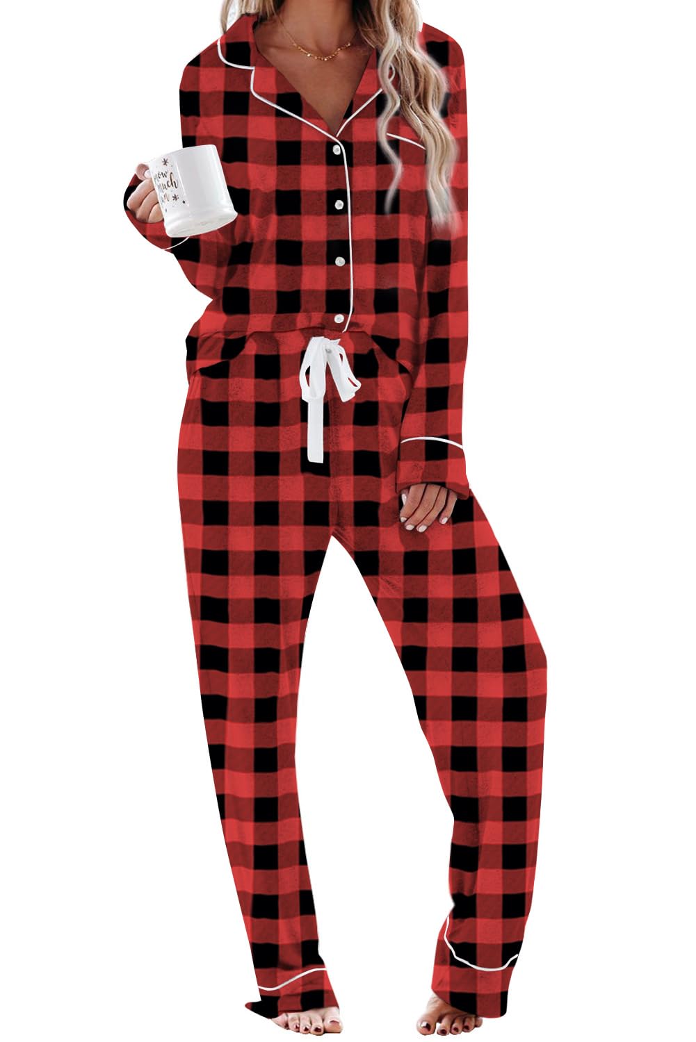 Aamikast Pajama Sets for Women Soft Button Up Christmas Pjs Matching Sets (Plaid Red XXL) - SkinNails&Makeup