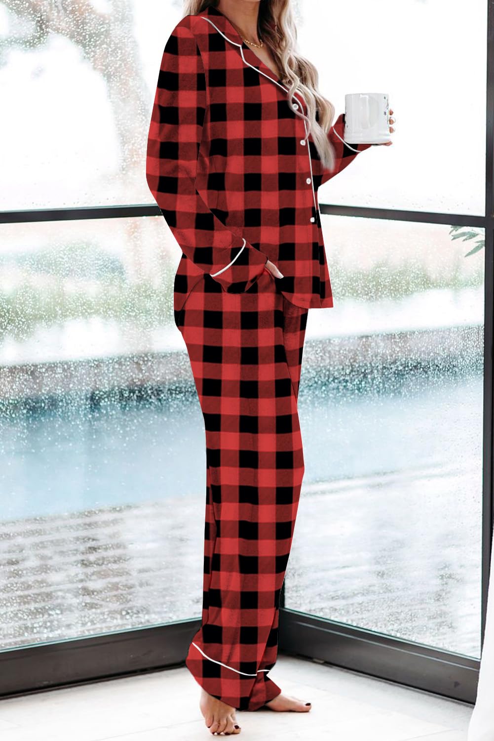 Aamikast Pajama Sets for Women Soft Button Up Christmas Pjs Matching Sets (Plaid Red XXL) - SkinNails&Makeup