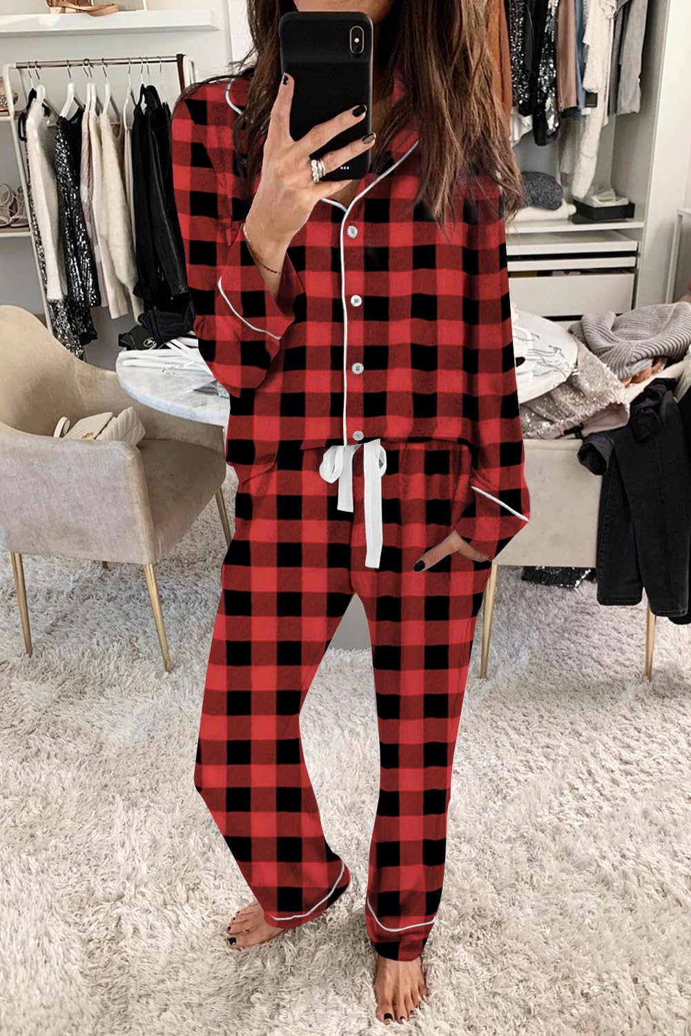 Aamikast Pajama Sets for Women Soft Button Up Christmas Pjs Matching Sets (Plaid Red XXL) - SkinNails&Makeup
