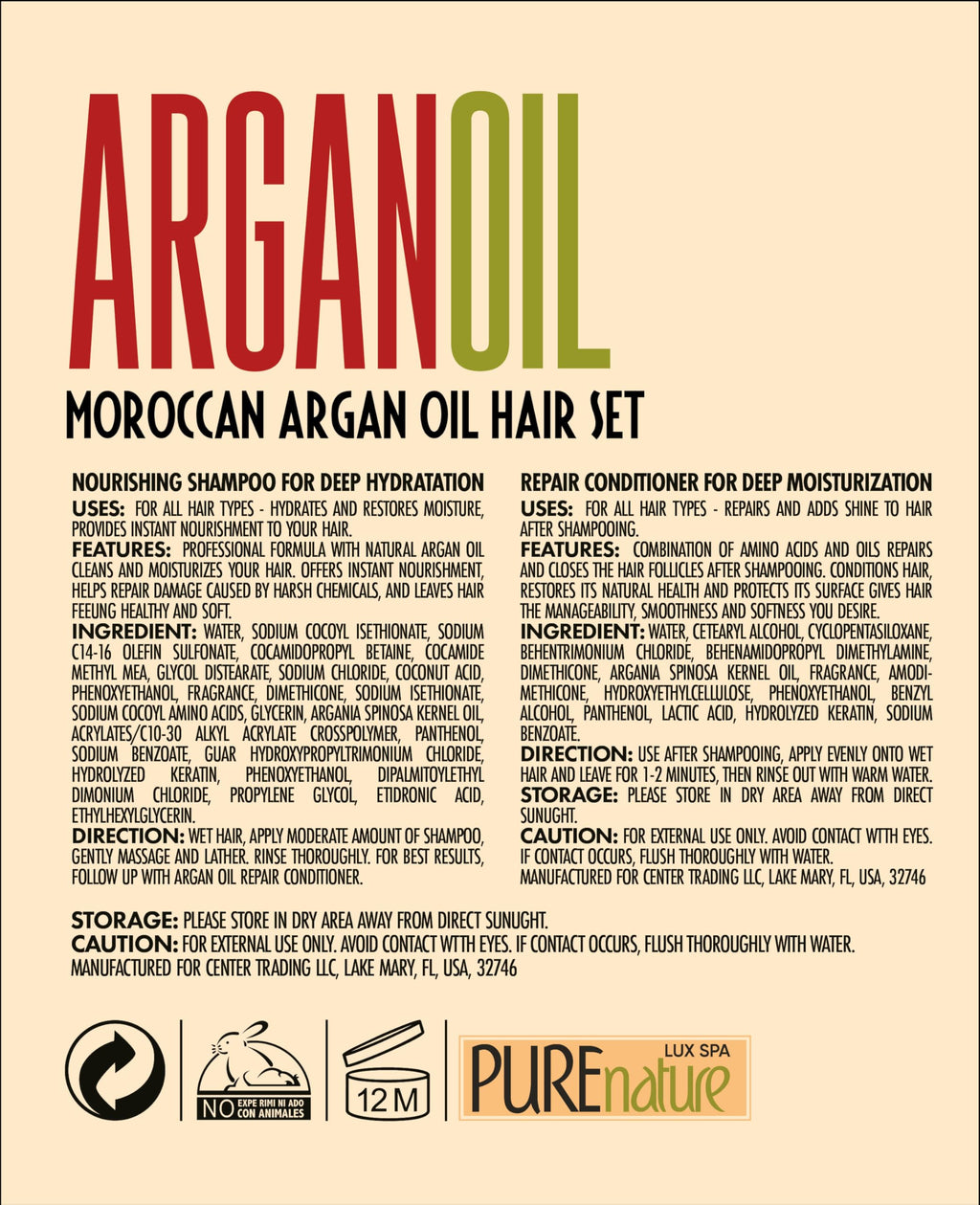 Argan Oil Shampoo and Conditioner Set - Sulfate Free Moroccan Care with Keratin - For Curly, Straight, Dry and Damaged Hair - Moisturizing, Hydrating, Anti Frizz Salon Technology - SkinNails&Makeup