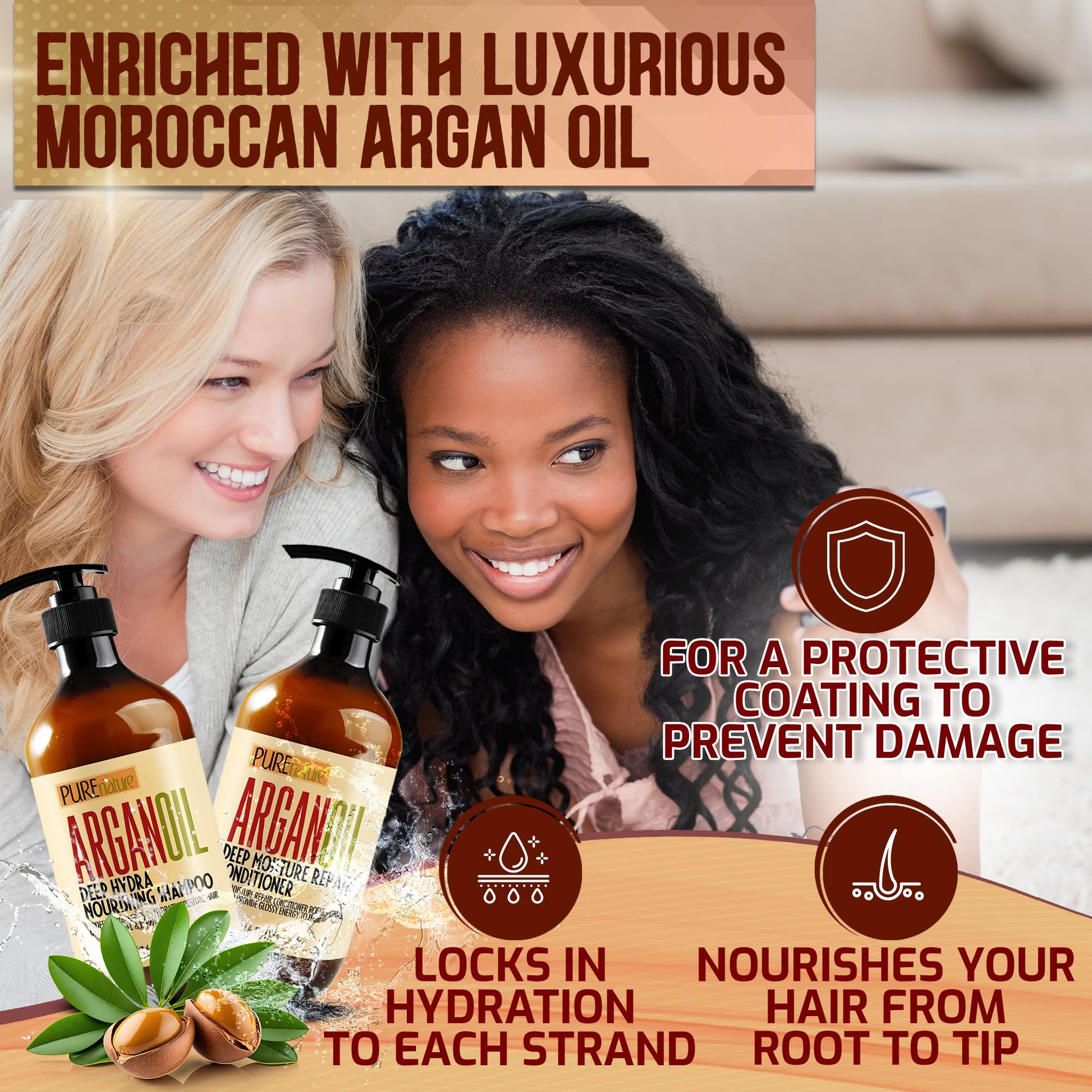 Argan Oil Shampoo and Conditioner Set - Sulfate Free Moroccan Care with Keratin - For Curly, Straight, Dry and Damaged Hair - Moisturizing, Hydrating, Anti Frizz Salon Technology - SkinNails&Makeup