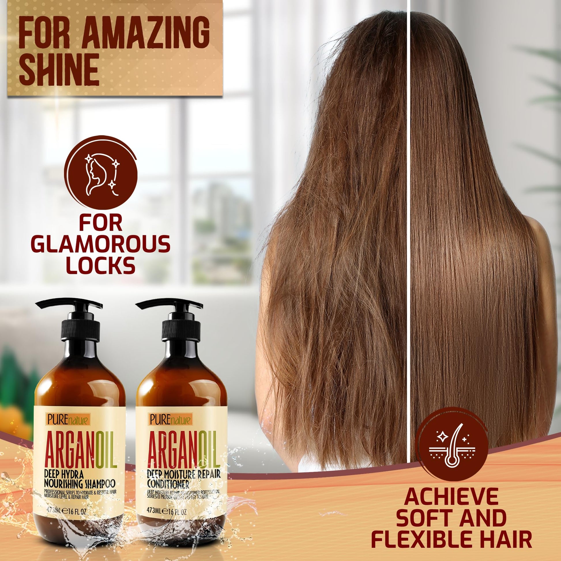 Argan Oil Shampoo and Conditioner Set - Sulfate Free Moroccan Care with Keratin - For Curly, Straight, Dry and Damaged Hair - Moisturizing, Hydrating, Anti Frizz Salon Technology - SkinNails&Makeup