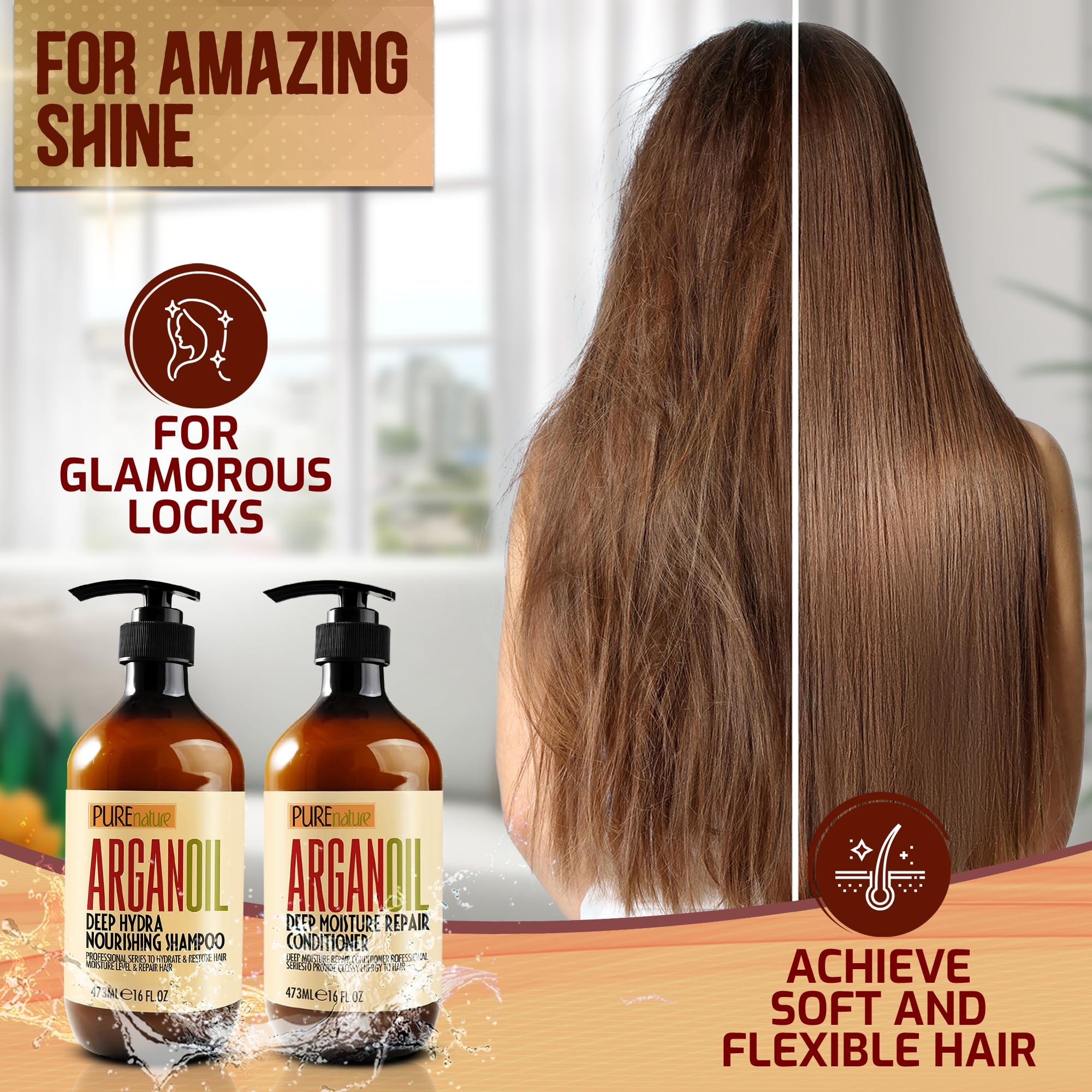 Argan Oil Shampoo and Conditioner Set - Sulfate Free Moroccan Care with Keratin - For Curly, Straight, Dry and Damaged Hair - Moisturizing, Hydrating, Anti Frizz Salon Technology - SkinNails&Makeup