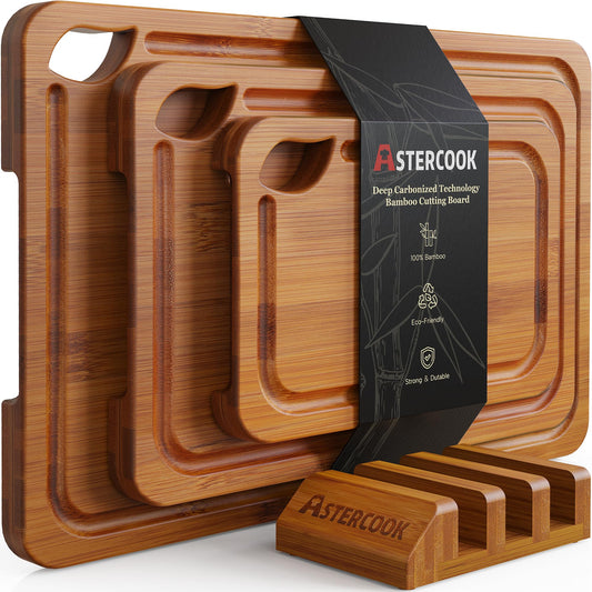 Astercook Deep-Carbonized Bamboo Cutting Boards for Kitchen with Wood Storage Stand, Reversible Charcuterie & Chopping Boards with Juice Grooves and Easy-Grip Handles, Fathers Day Gift for Men - SkinNails&Makeup