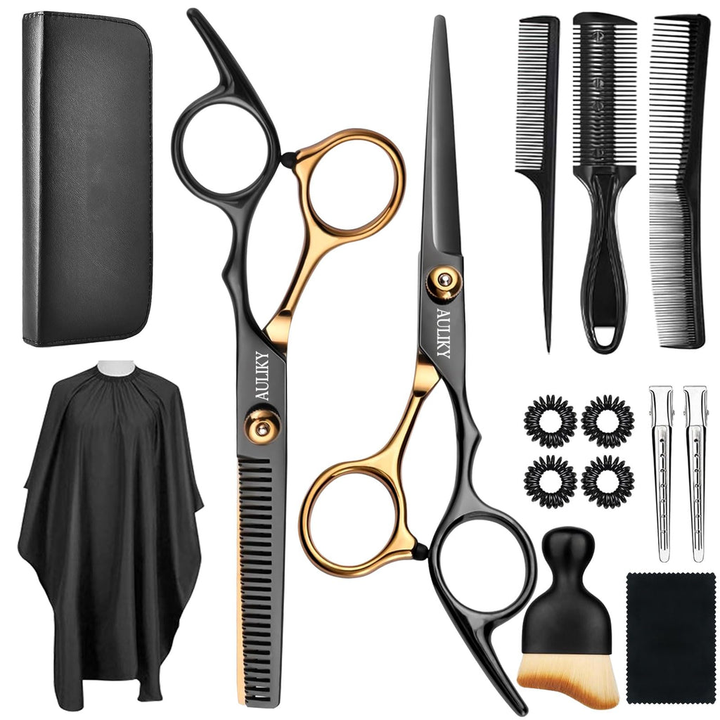 AULikY Hair Cutting Scissors Shears Kits, 15 Pcs Professional Stainless Steel Hairdressing Shears Set Thinning Scissors for Barber/Salon/Home/Men/Women/Kids/Adults - SkinNails&Makeup