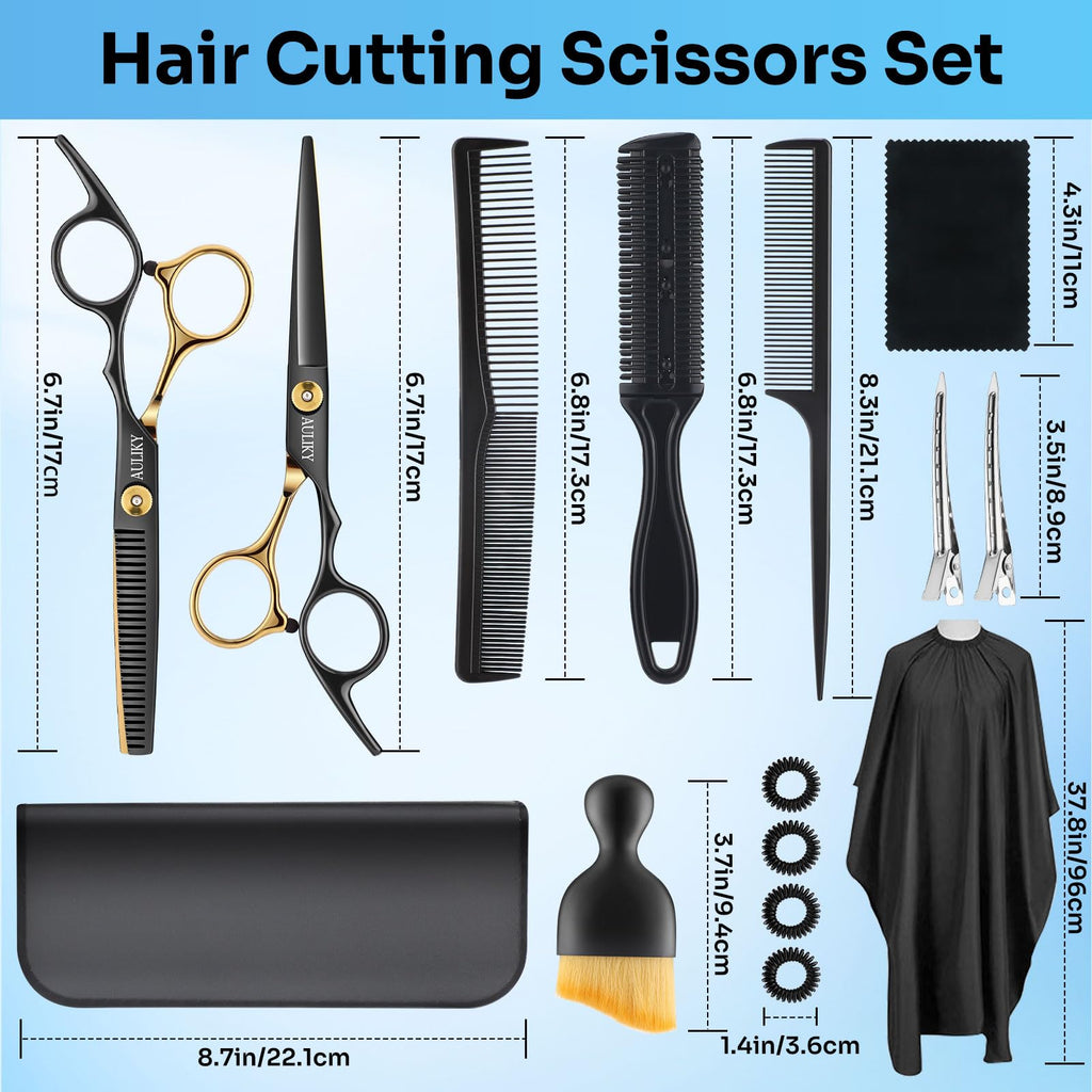 AULikY Hair Cutting Scissors Shears Kits, 15 Pcs Professional Stainless Steel Hairdressing Shears Set Thinning Scissors for Barber/Salon/Home/Men/Women/Kids/Adults - SkinNails&Makeup