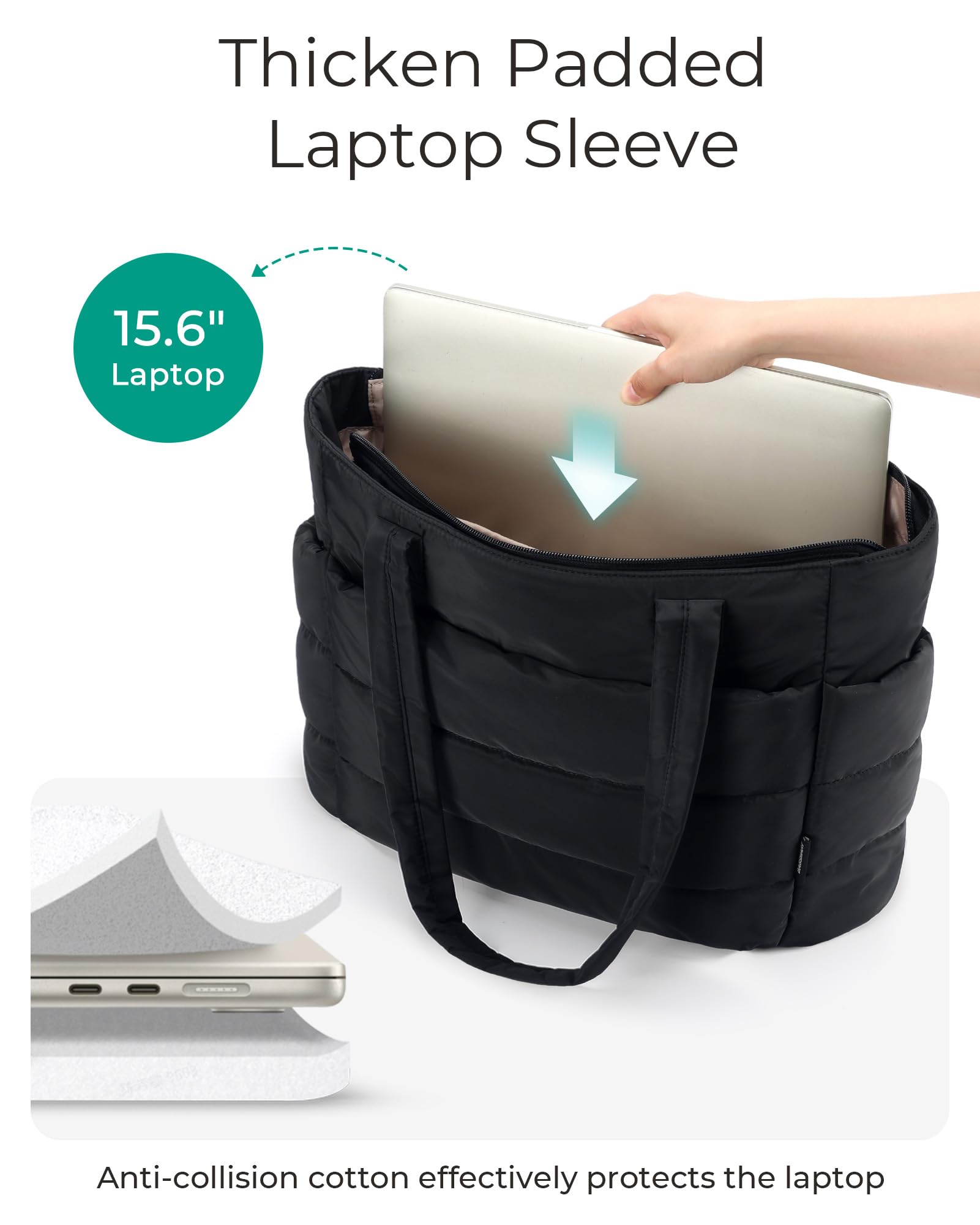 BAGSMART Tote Bag for Women, Lightweight Puffy Tote Bag with Compartments Shoulder Bag Handbag Quilted Shoulder Bag Handbag for Travel, Work, Beach, Gym, Shop (Black) - SkinNails&Makeup