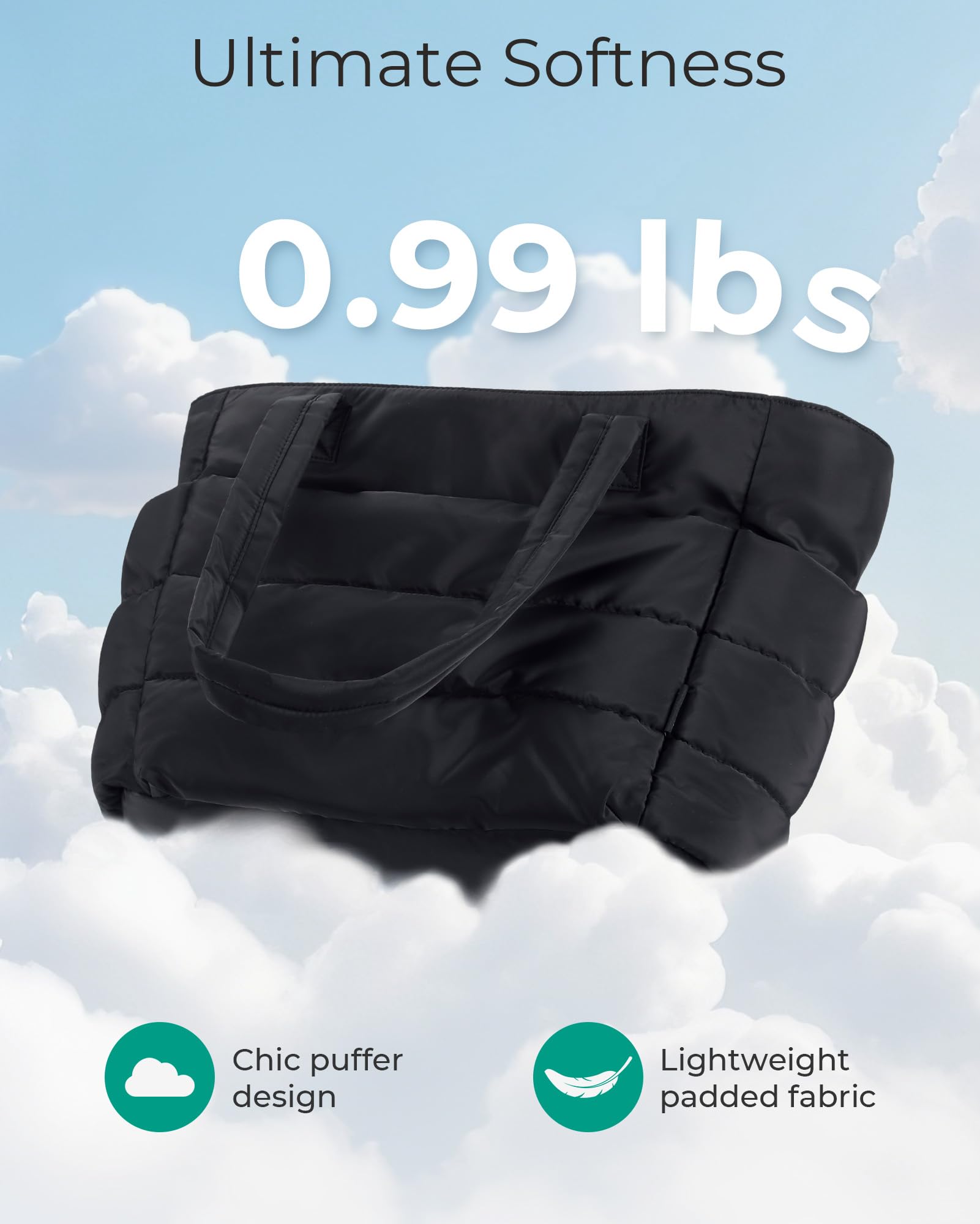 BAGSMART Tote Bag for Women, Lightweight Puffy Tote Bag with Compartments Shoulder Bag Handbag Quilted Shoulder Bag Handbag for Travel, Work, Beach, Gym, Shop (Black) - SkinNails&Makeup