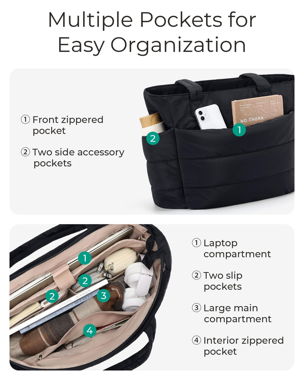 BAGSMART Tote Bag for Women, Lightweight Puffy Tote Bag with Compartments Shoulder Bag Handbag Quilted Shoulder Bag Handbag for Travel, Work, Beach, Gym, Shop (Black) - SkinNails&Makeup