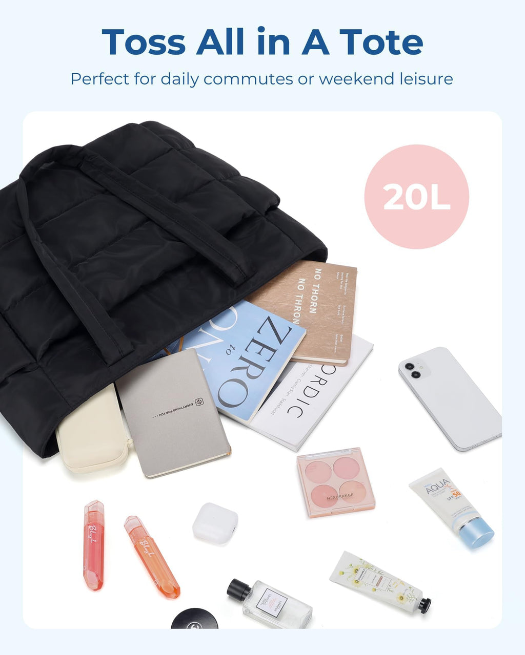 BAGSMART Tote Bag for Women, Lightweight Puffy Tote Bag with Compartments Shoulder Bag Handbag Quilted Shoulder Bag Handbag for Travel, Work, Beach, Gym, Shop (Black) - SkinNails&Makeup