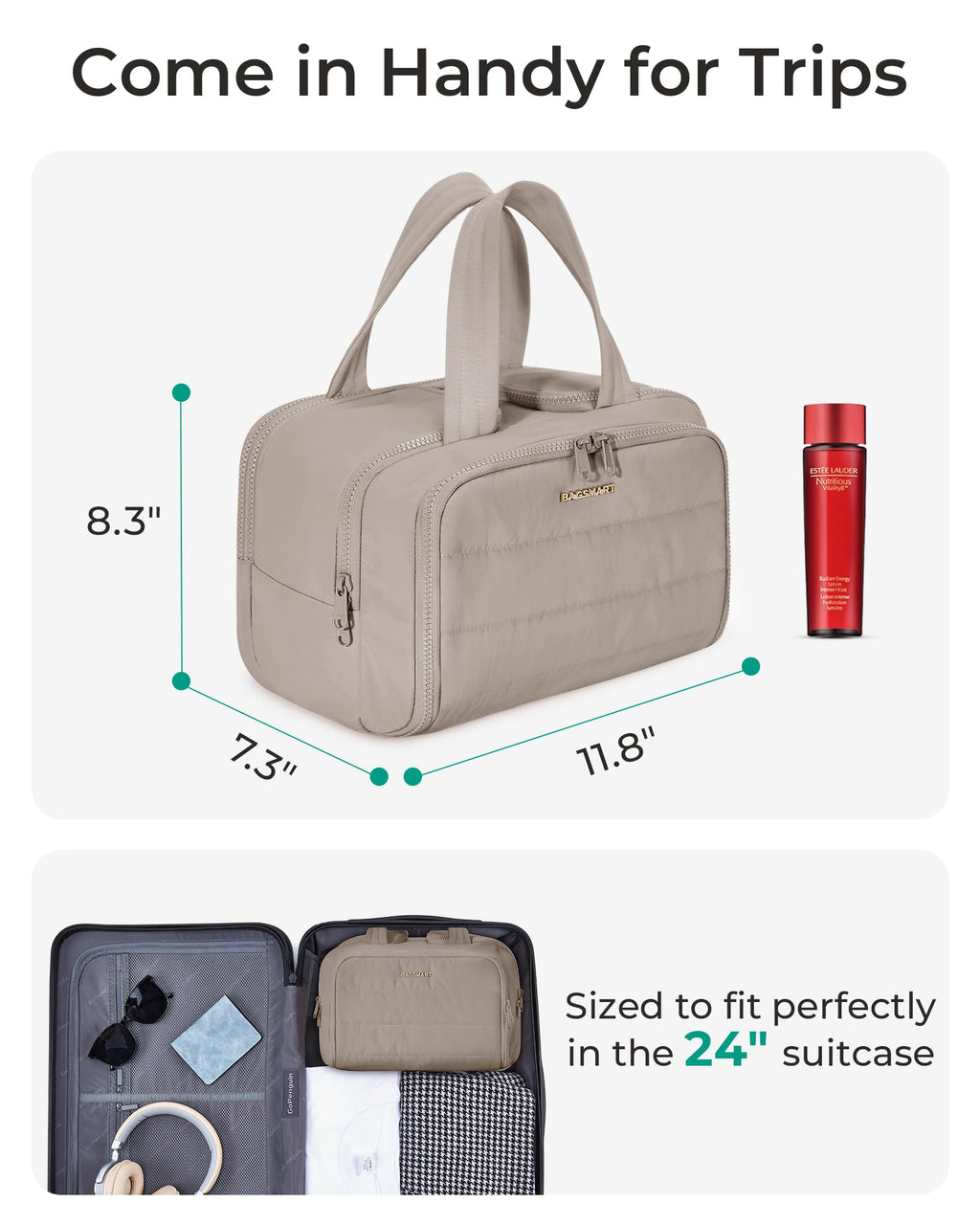 BAGSMART Travel Toiletry Bag, Crush Toiletry Bag for Women, Wide - open Puffy Toiletry Bags for Traveling, Large Travel Cosmetic Makeup Bag Organizer for Accessories,Toiletrie, Grayish Brown - SkinNails&Makeup