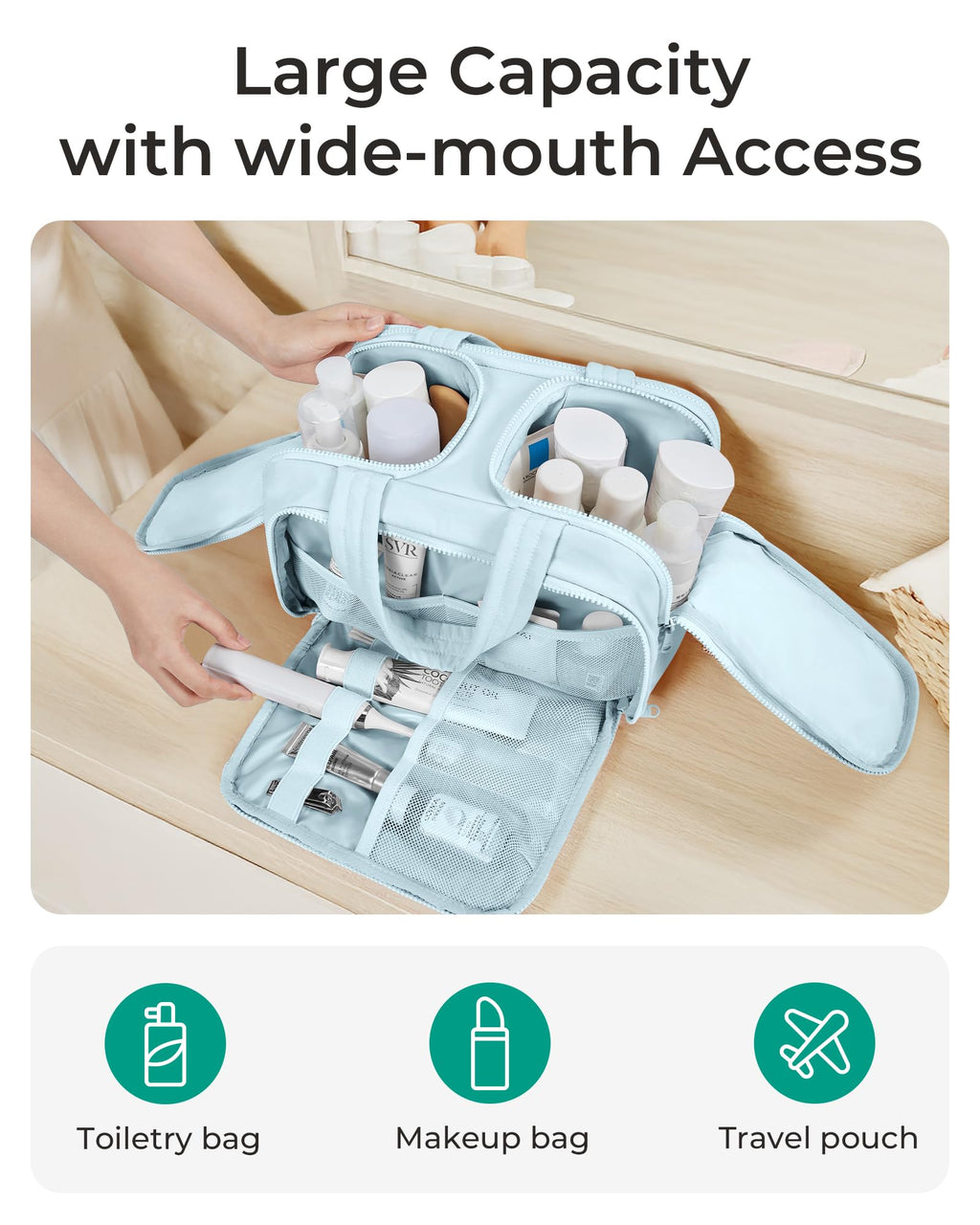 BAGSMART Travel Toiletry Bag, Crush Toiletry Bag for Women, Wide - open Puffy Toiletry Bags for Traveling, Large Travel Cosmetic Makeup Bag Organizer for Accessories,Toiletrie, Blue - SkinNails&Makeup