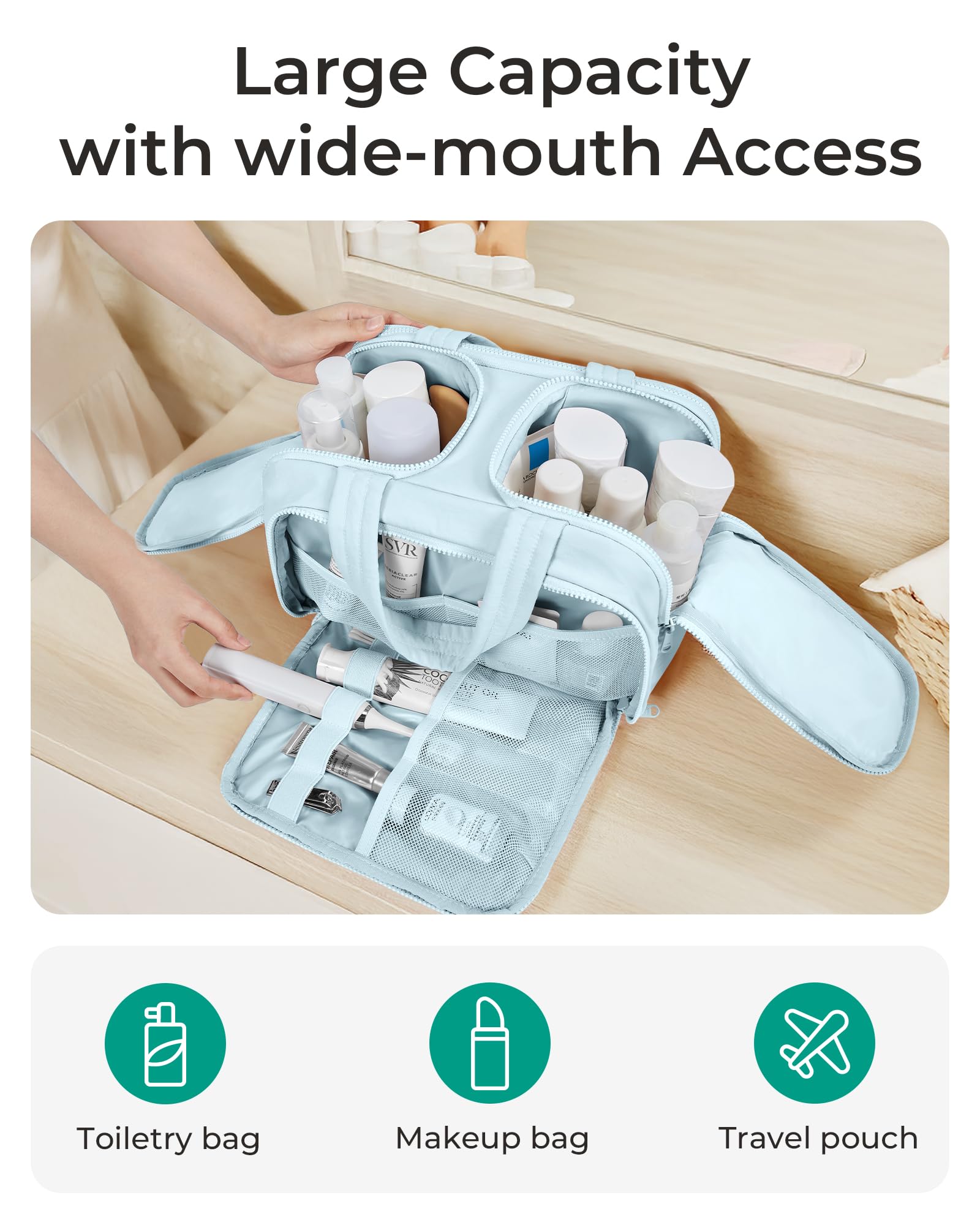 BAGSMART Travel Toiletry Bag, Crush Toiletry Bag for Women, Wide - open Puffy Toiletry Bags for Traveling, Large Travel Cosmetic Makeup Bag Organizer for Accessories,Toiletrie, Blue - SkinNails&Makeup