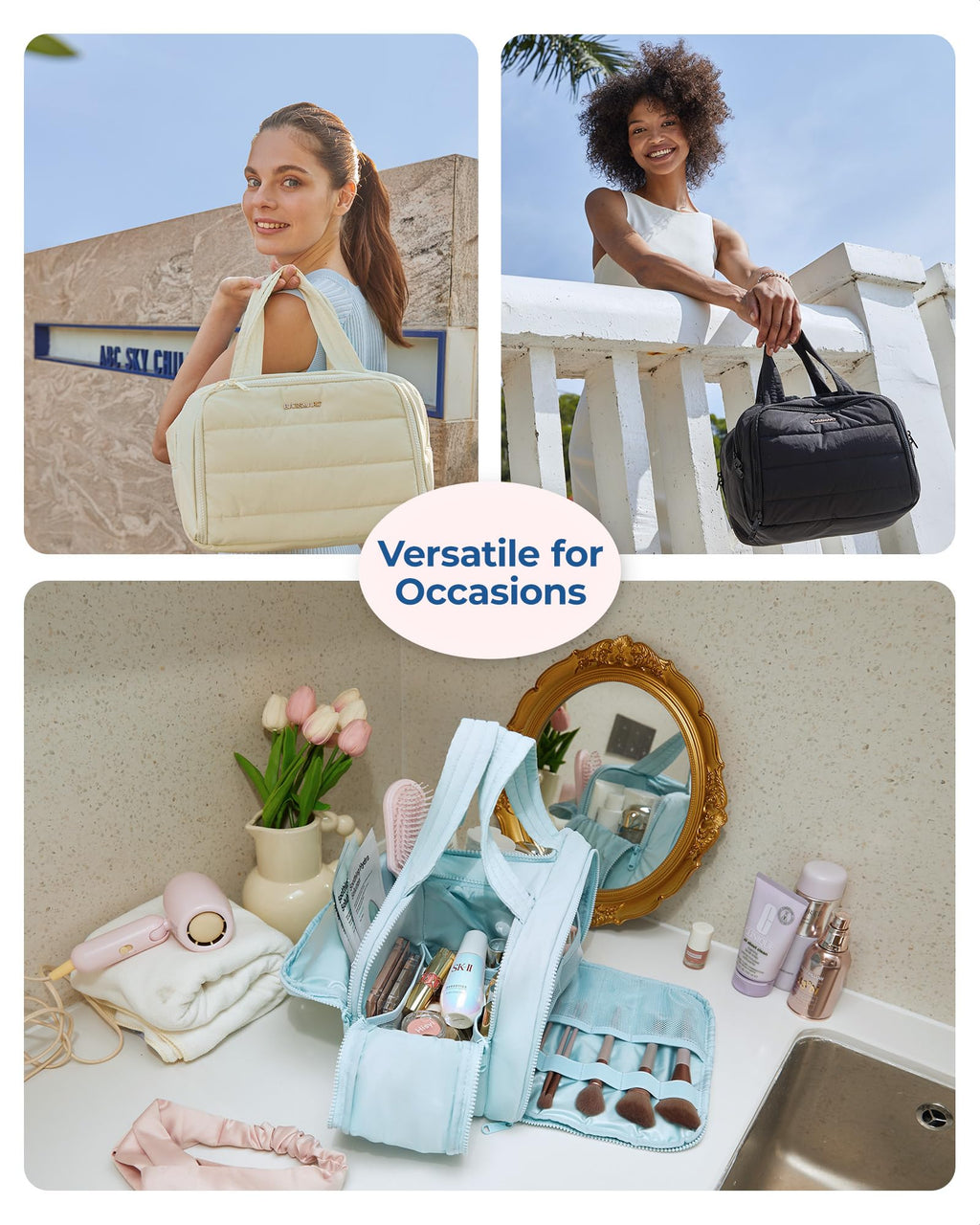 BAGSMART Travel Toiletry Bag, Crush Toiletry Bag for Women, Wide - open Puffy Toiletry Bags for Traveling, Large Travel Cosmetic Makeup Bag Organizer for Accessories,Toiletrie, Blue - SkinNails&Makeup