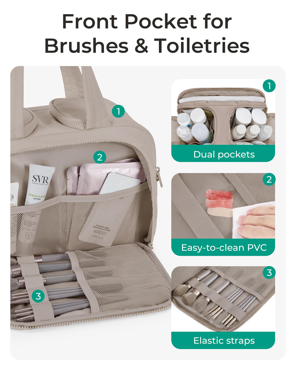 BAGSMART Travel Toiletry Bag, Crush Toiletry Bag for Women, Wide - open Puffy Toiletry Bags for Traveling, Large Travel Cosmetic Makeup Bag Organizer for Accessories,Toiletrie, Grayish Brown - SkinNails&Makeup