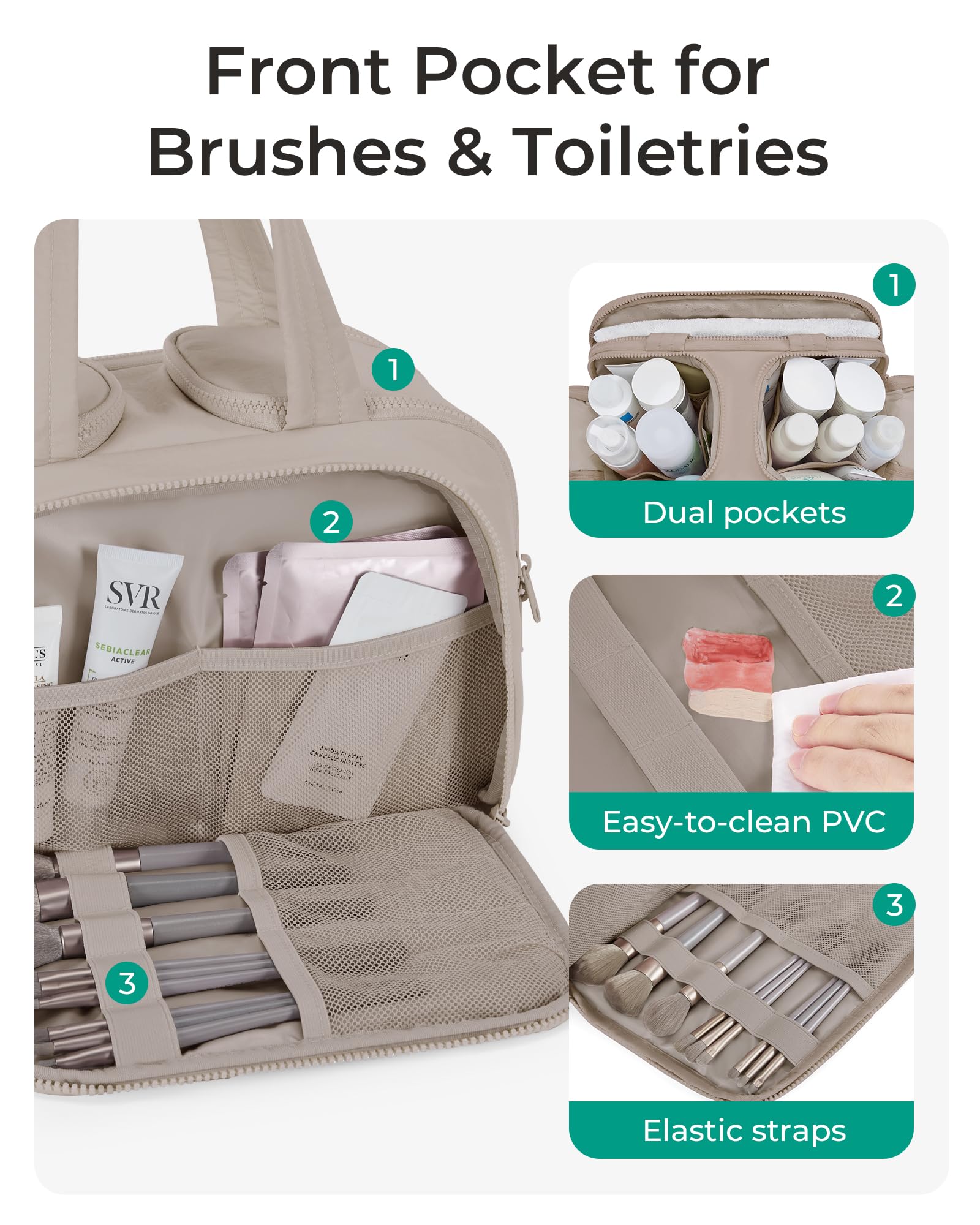 BAGSMART Travel Toiletry Bag, Crush Toiletry Bag for Women, Wide - open Puffy Toiletry Bags for Traveling, Large Travel Cosmetic Makeup Bag Organizer for Accessories,Toiletrie, Grayish Brown - SkinNails&Makeup