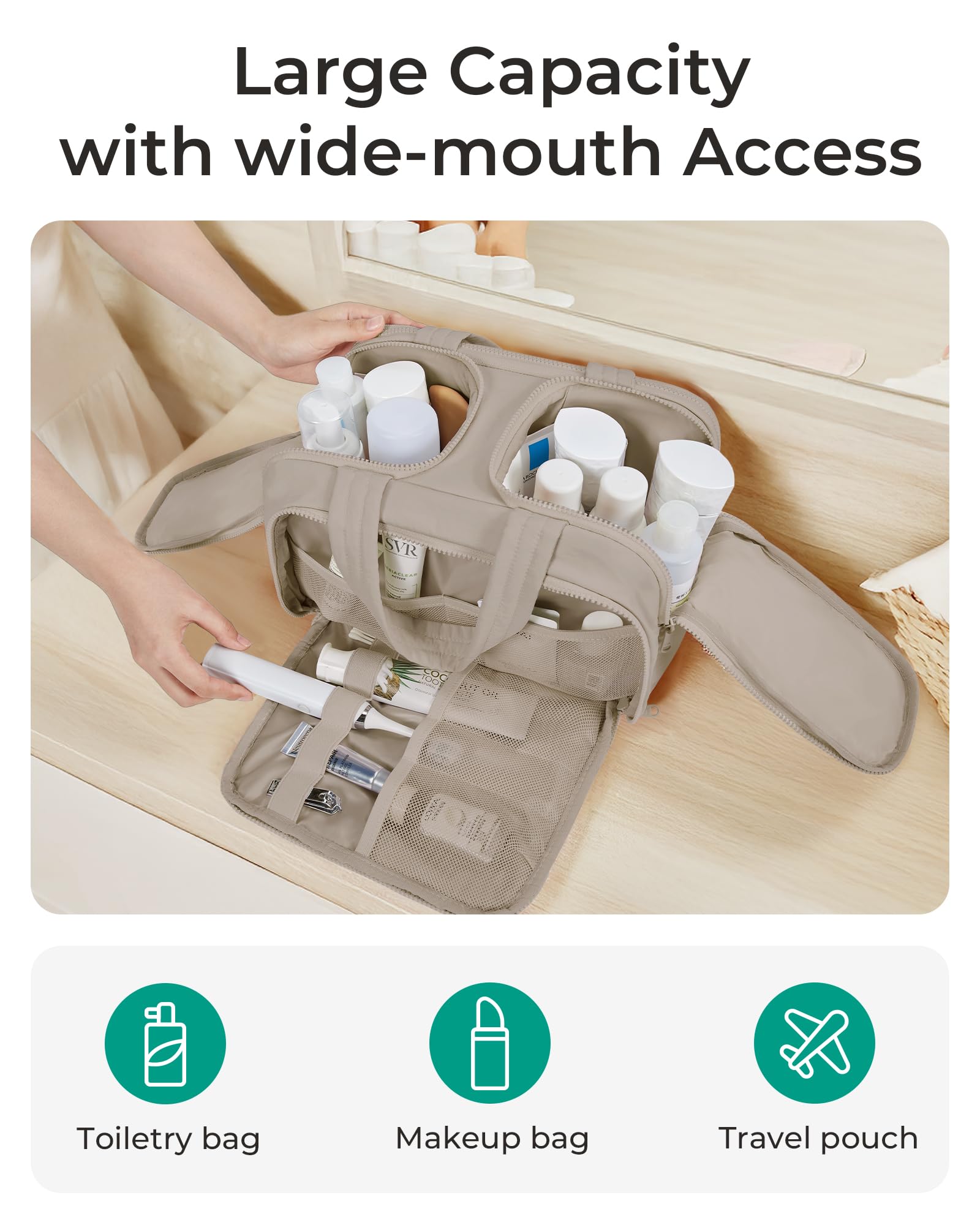 BAGSMART Travel Toiletry Bag, Crush Toiletry Bag for Women, Wide - open Puffy Toiletry Bags for Traveling, Large Travel Cosmetic Makeup Bag Organizer for Accessories,Toiletrie, Grayish Brown - SkinNails&Makeup