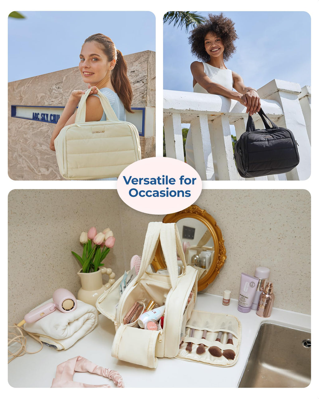 BAGSMART Travel Toiletry Bag, Crush Toiletry Bag for Women, Wide - open Puffy Toiletry Bags for Traveling, Large Travel Cosmetic Makeup Bag Organizer for Accessories,Toiletrie, Grayish Brown - SkinNails&Makeup