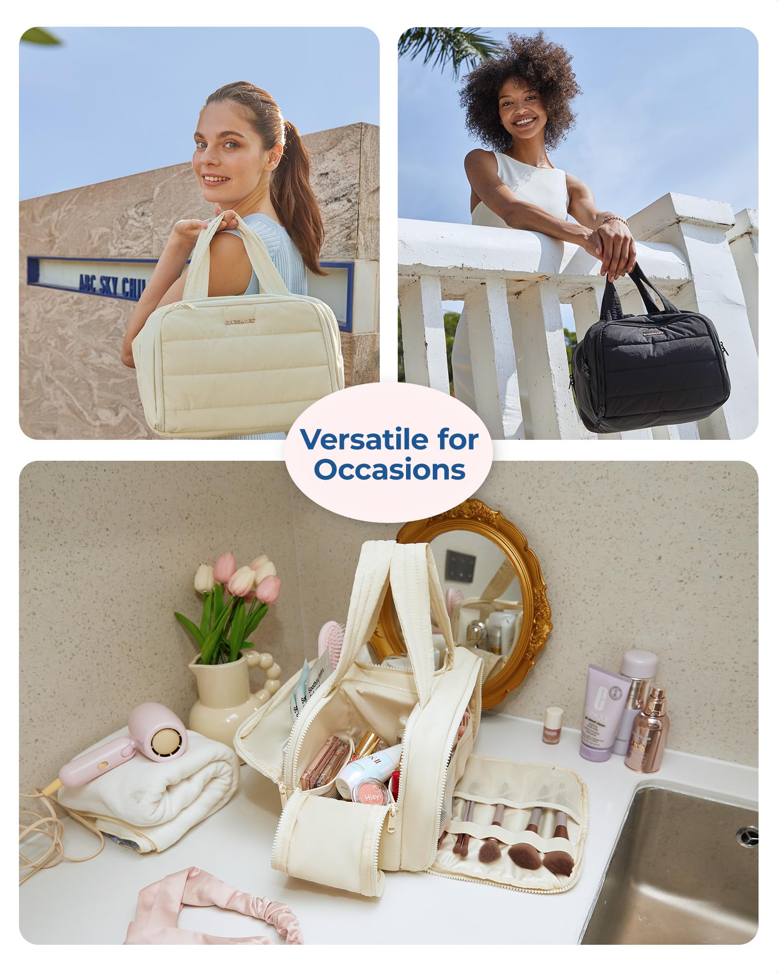 BAGSMART Travel Toiletry Bag, Crush Toiletry Bag for Women, Wide - open Puffy Toiletry Bags for Traveling, Large Travel Cosmetic Makeup Bag Organizer for Accessories,Toiletrie, Grayish Brown - SkinNails&Makeup