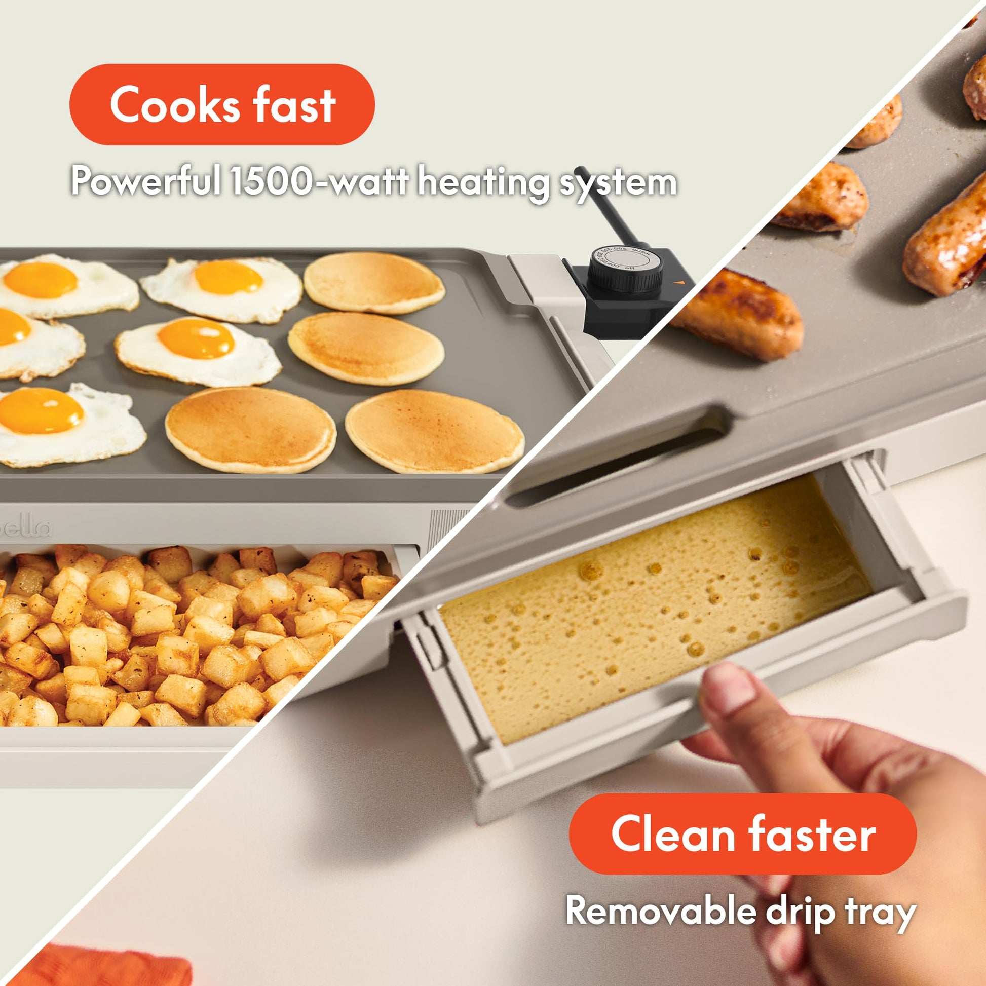 bella 10" x 20" Electric Griddle with Warming Tray, EverGood™ Ceramic Nonstick Coating & Removable Temperature Probe, Dishwasher - Safe Drip Tray & Cool Touch Handles, 1500 Watt, Oatmilk - SkinNails&Makeup