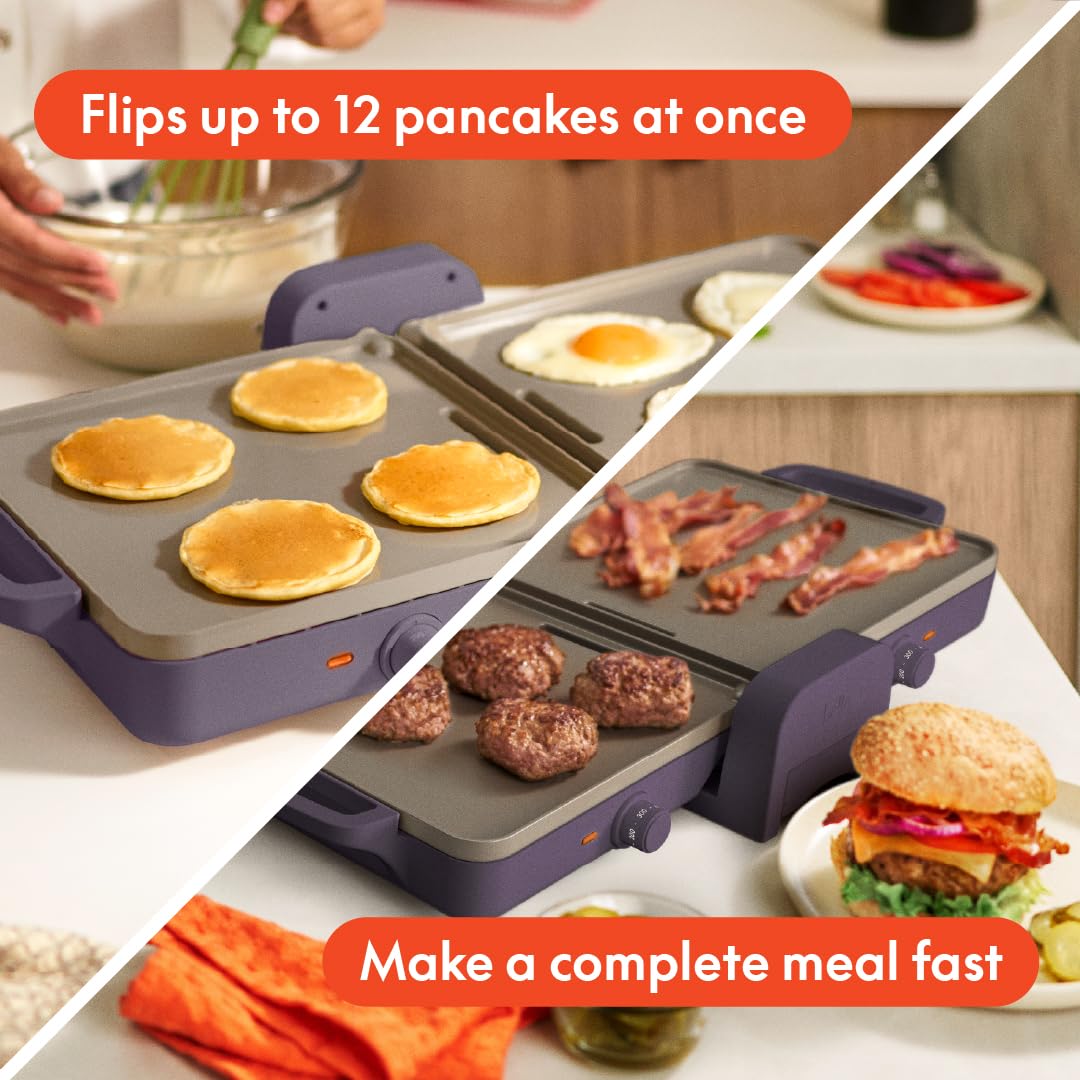 bella 10"x 20" Ceramic Fold - n - Store Dual Temp Griddle, Fits - anywhere Kitchenware, EverGood Ceramic Nonstick Coating, 2 Temperature Zones up to 400°F, Dishwasher Safe Drip Tray, 1500 Watt, Plum - SkinNails&Makeup