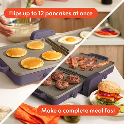 bella 10"x 20" Ceramic Fold - n - Store Dual Temp Griddle, Fits - anywhere Kitchenware, EverGood Ceramic Nonstick Coating, 2 Temperature Zones up to 400°F, Dishwasher Safe Drip Tray, 1500 Watt, Plum - SkinNails&Makeup