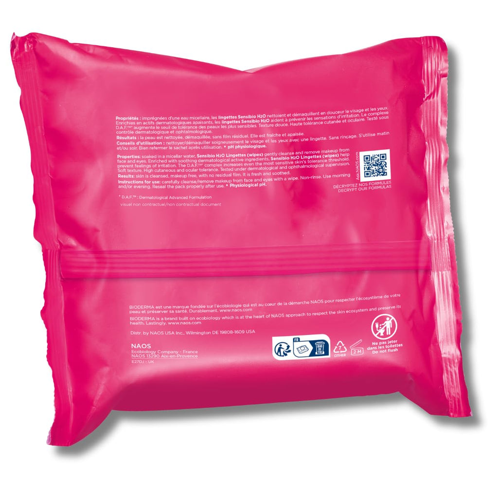 Bioderma Sensibio H2O Makeup Wipes, Cleansing and Makeup Removing, Skin Soothing for Sensitive Skin, 25 Wipes - SkinNails&Makeup