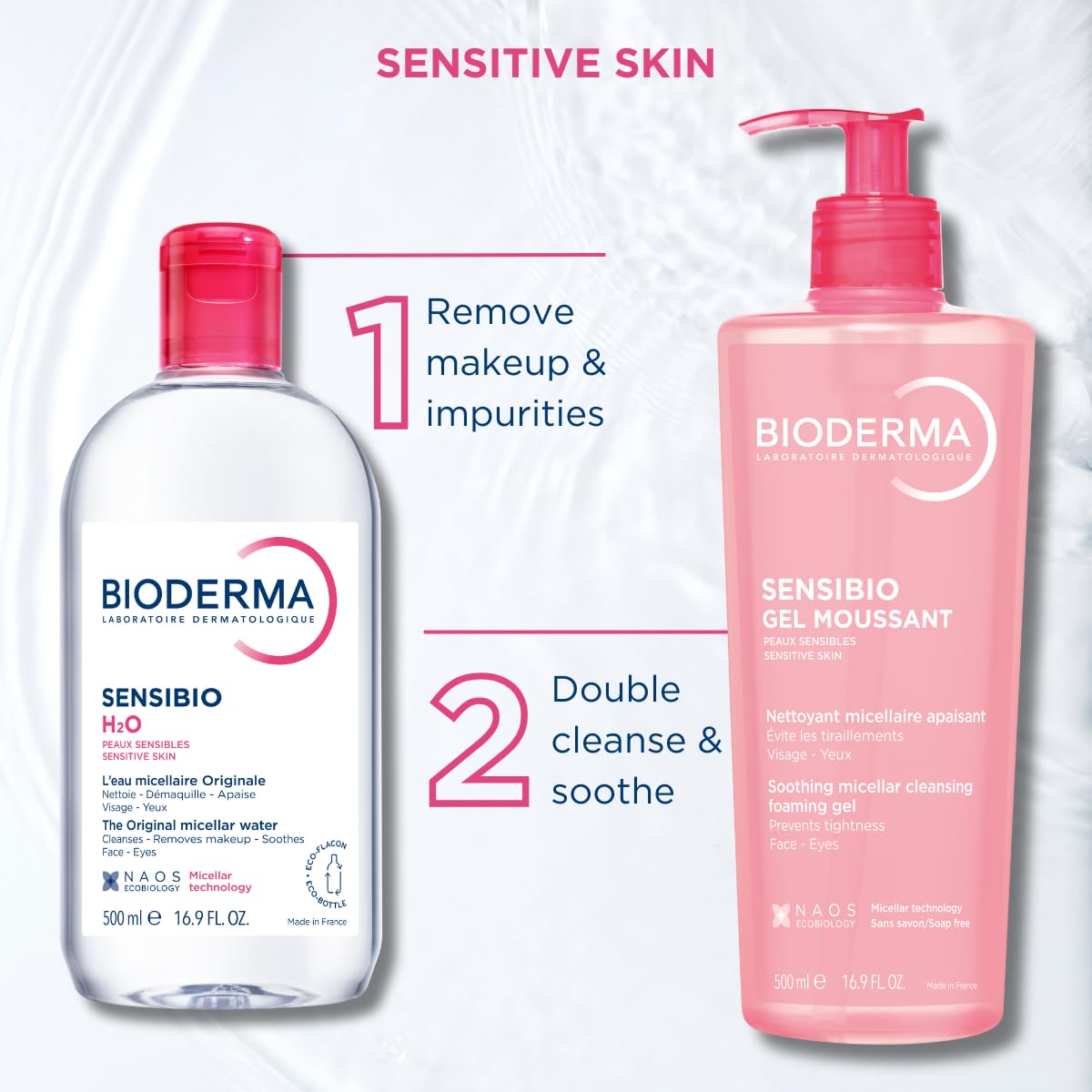 Bioderma Sensibio H2O Micellar Water, Makeup Remover Cleanser, Gentle for Skin, Fragrance - Free & Alcohol - Free, Gentle Face Cleanser for Sensitive Skin, 16.9 Fl Oz - SkinNails&Makeup