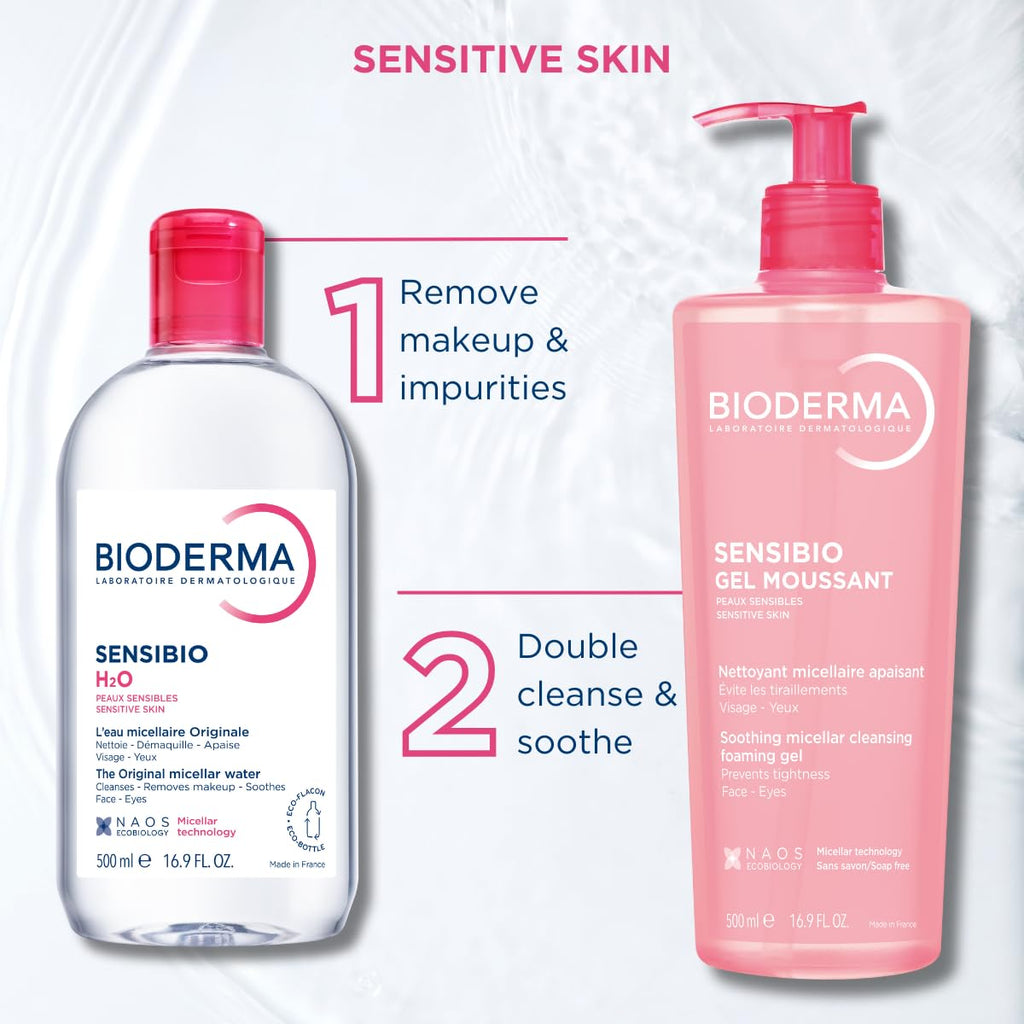 Bioderma Sensibio H2O, Micellar Water, Travel Size Makeup Remover Cleanser, Gentle for Skin, Fragrance - Free & Alcohol - Free, Gentle Face Cleanser for Sensitive Skin, 3.4 Fl Oz - SkinNails&Makeup