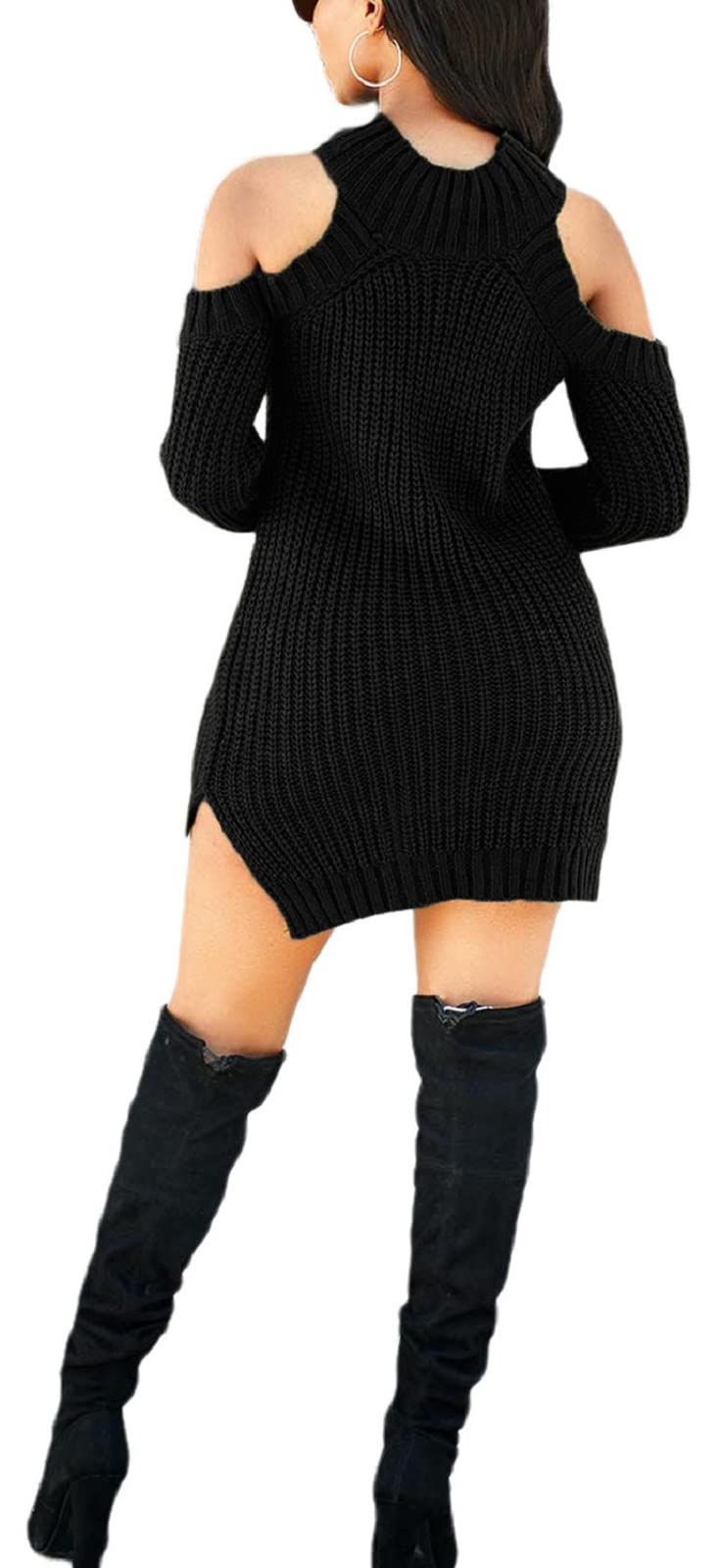 Black Sweater Dress for Women Elegant Casual Cold Shoulder Knit Long Sleeve Pullover Mini Dresses with Split(Small) - SkinNails&Makeup