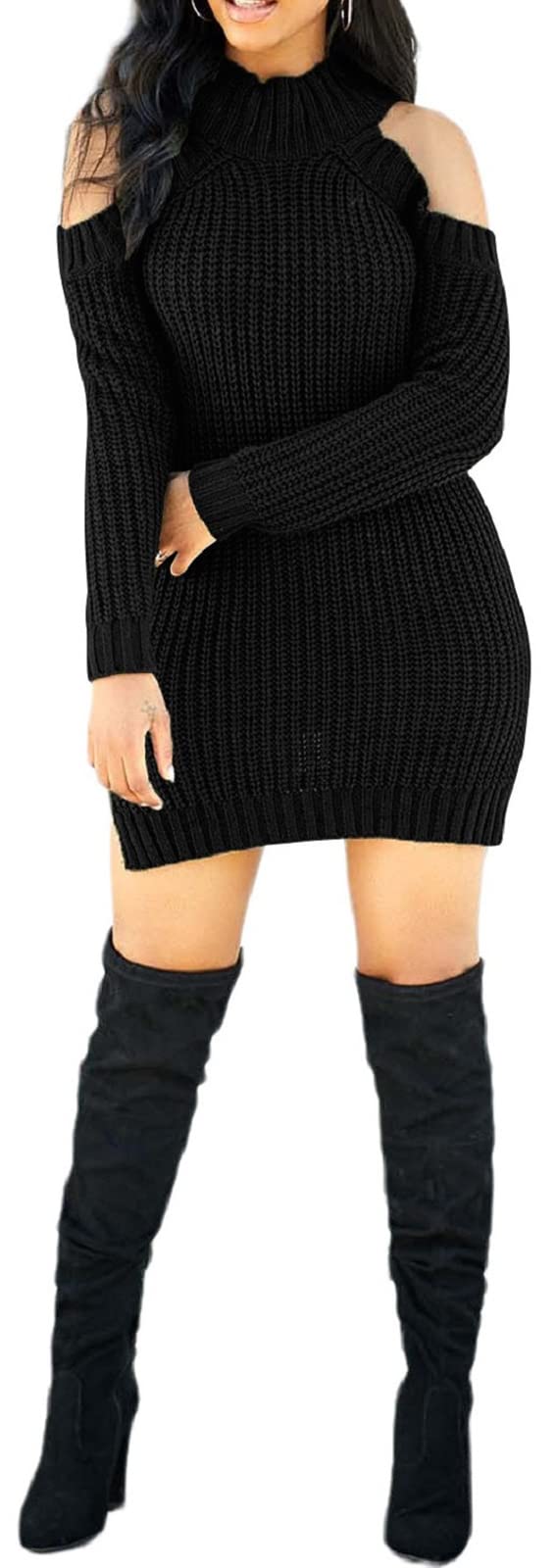 Black Sweater Dress for Women Elegant Casual Cold Shoulder Knit Long Sleeve Pullover Mini Dresses with Split(Small) - SkinNails&Makeup