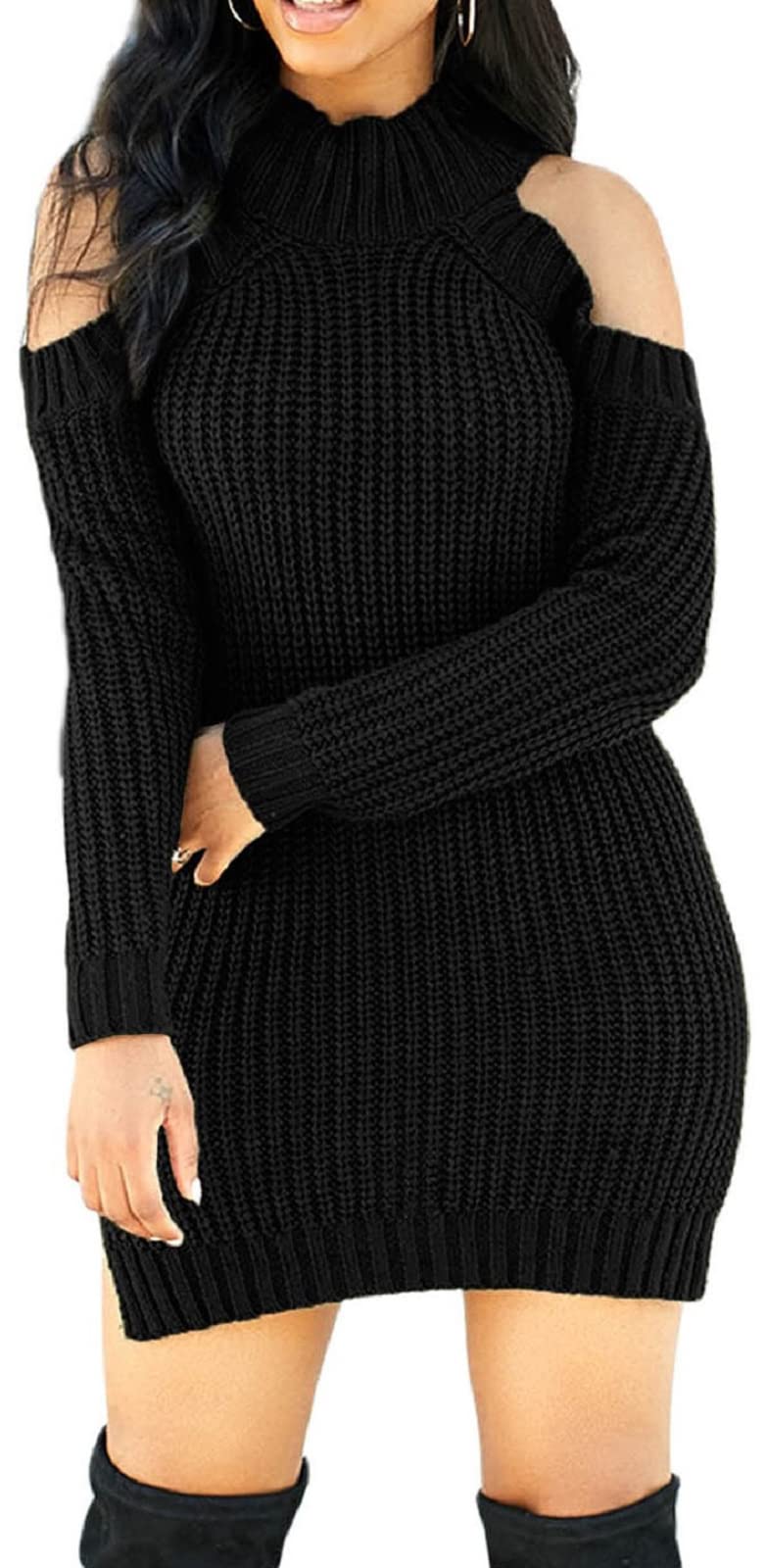 Black Sweater Dress for Women Elegant Casual Cold Shoulder Knit Long Sleeve Pullover Mini Dresses with Split(Small) - SkinNails&Makeup