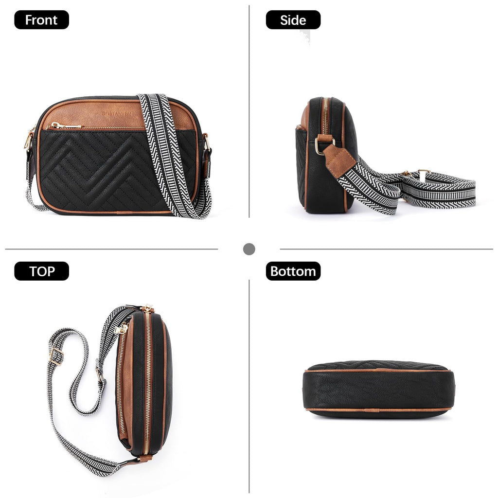 BOSTANTEN Quilted Crossbody Bags for Women Vegan Leather Purses Small Shoulder Handbags with Wide Strap Black with Brown - SkinNails&Makeup