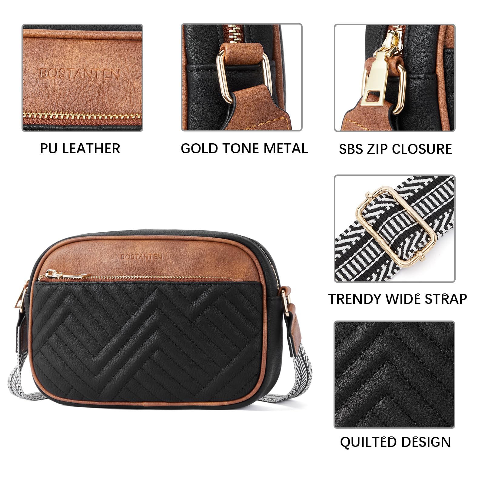 BOSTANTEN Quilted Crossbody Bags for Women Vegan Leather Purses Small Shoulder Handbags with Wide Strap Black with Brown - SkinNails&Makeup