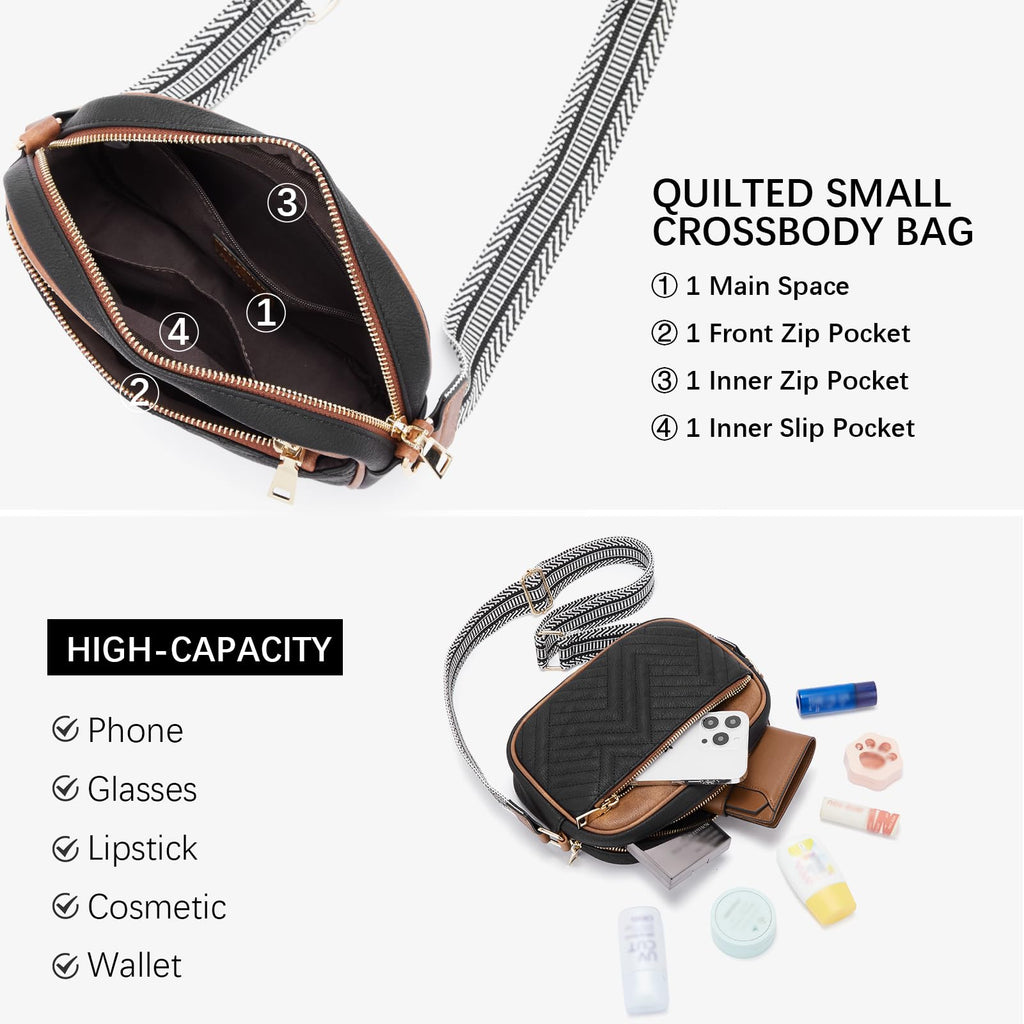 BOSTANTEN Quilted Crossbody Bags for Women Vegan Leather Purses Small Shoulder Handbags with Wide Strap Black with Brown - SkinNails&Makeup