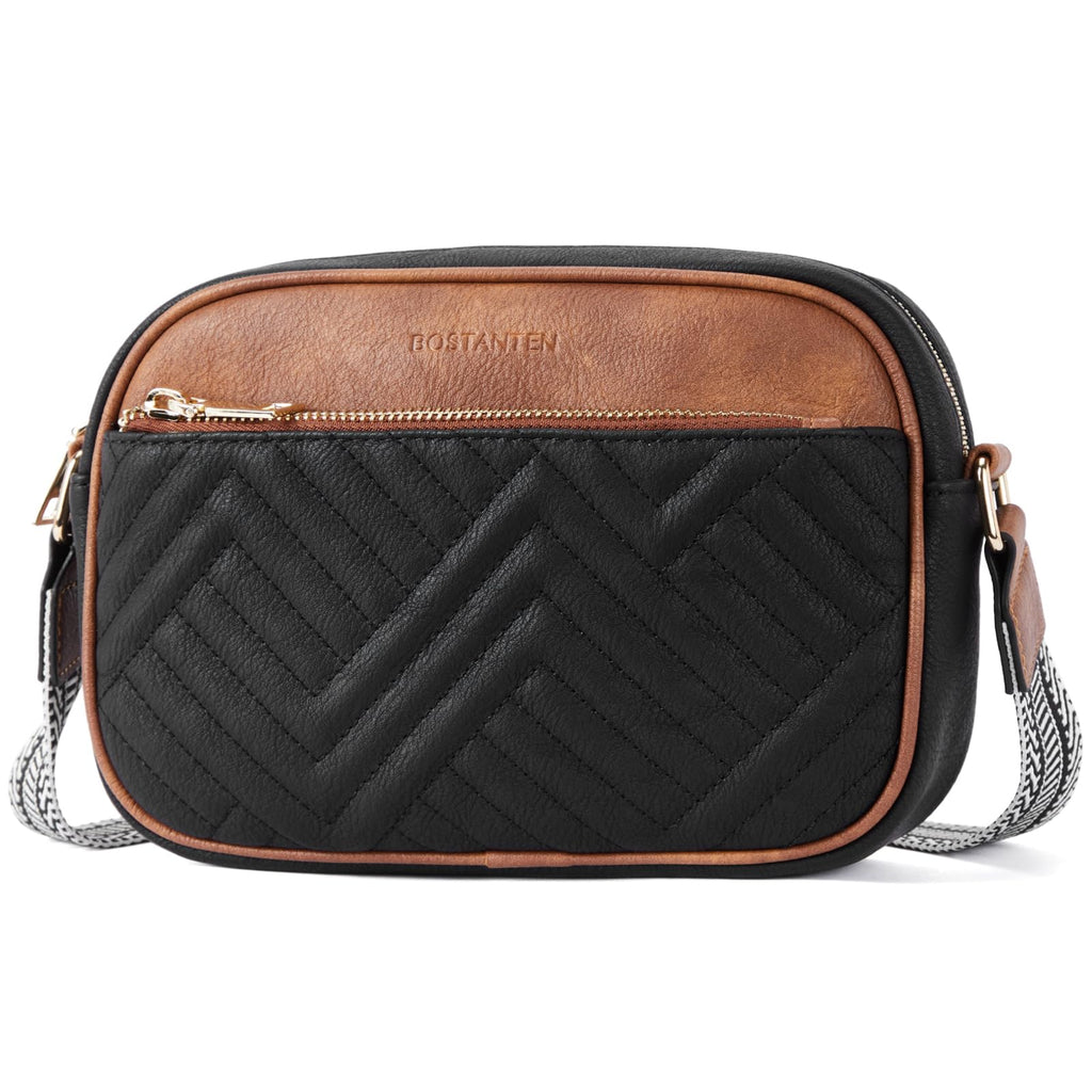 BOSTANTEN Quilted Crossbody Bags for Women Vegan Leather Purses Small Shoulder Handbags with Wide Strap Black with Brown - SkinNails&Makeup