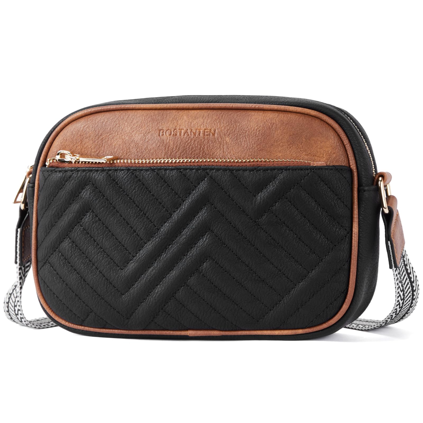 BOSTANTEN Quilted Crossbody Bags for Women Vegan Leather Purses Small Shoulder Handbags with Wide Strap Black with Brown - SkinNails&Makeup