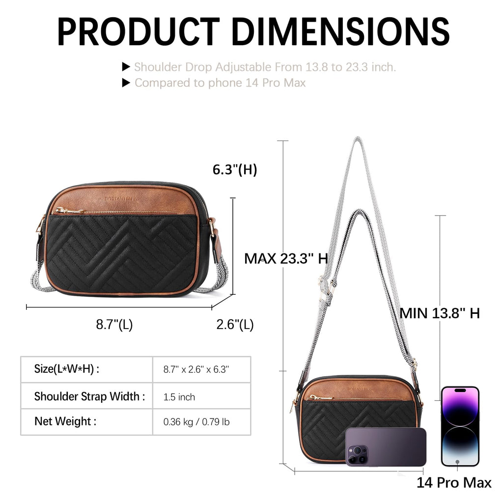 BOSTANTEN Quilted Crossbody Bags for Women Vegan Leather Purses Small Shoulder Handbags with Wide Strap Black with Brown - SkinNails&Makeup