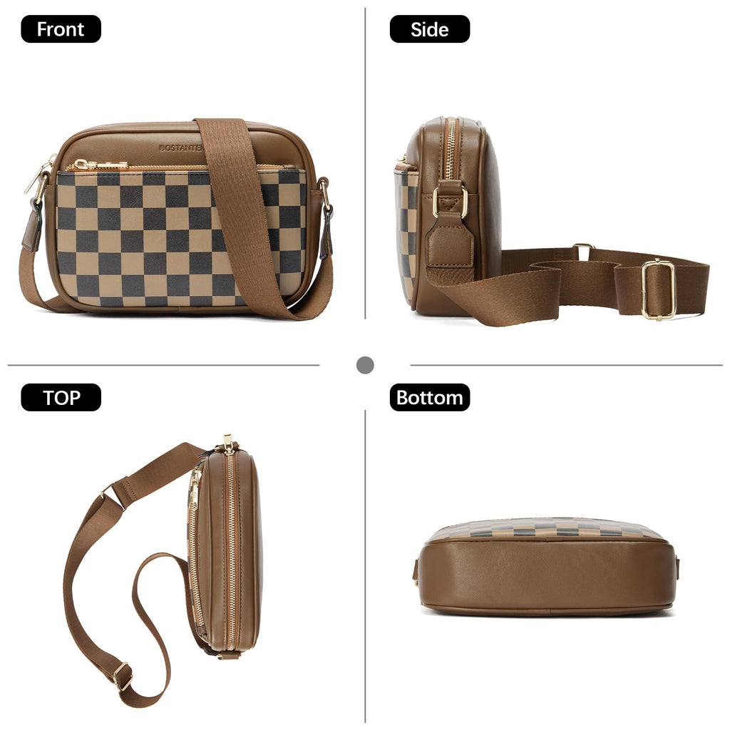 BOSTANTEN Quilted Crossbody Bags for Women Vegan Leather Purses Small Shoulder Handbags with Wide Strap Checkered Coffee - SkinNails&Makeup
