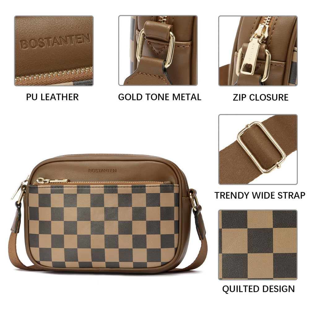 BOSTANTEN Quilted Crossbody Bags for Women Vegan Leather Purses Small Shoulder Handbags with Wide Strap Checkered Coffee - SkinNails&Makeup