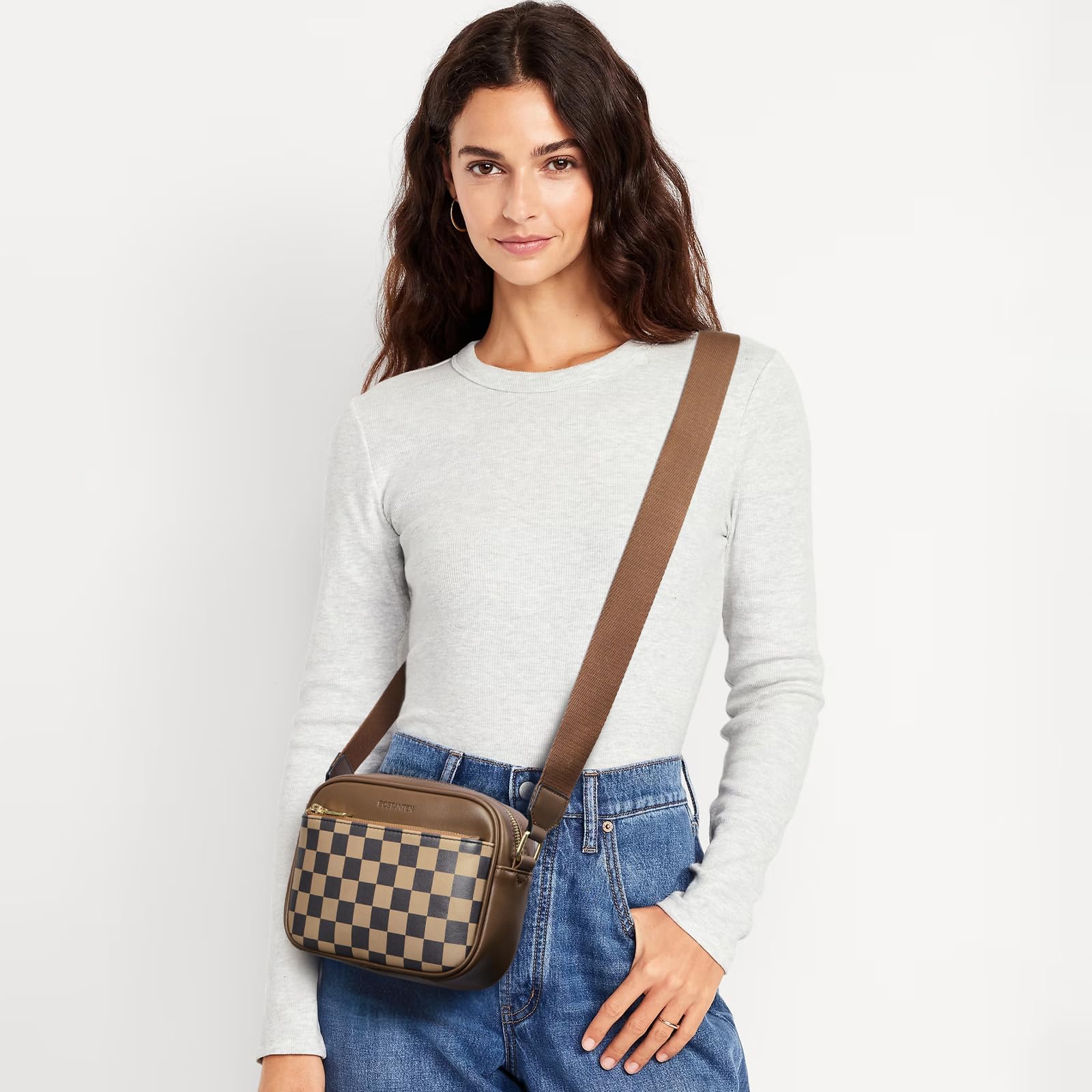 BOSTANTEN Quilted Crossbody Bags for Women Vegan Leather Purses Small Shoulder Handbags with Wide Strap Checkered Coffee - SkinNails&Makeup