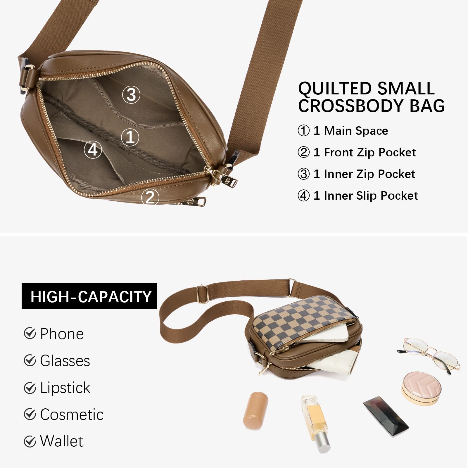 BOSTANTEN Quilted Crossbody Bags for Women Vegan Leather Purses Small Shoulder Handbags with Wide Strap Checkered Coffee - SkinNails&Makeup