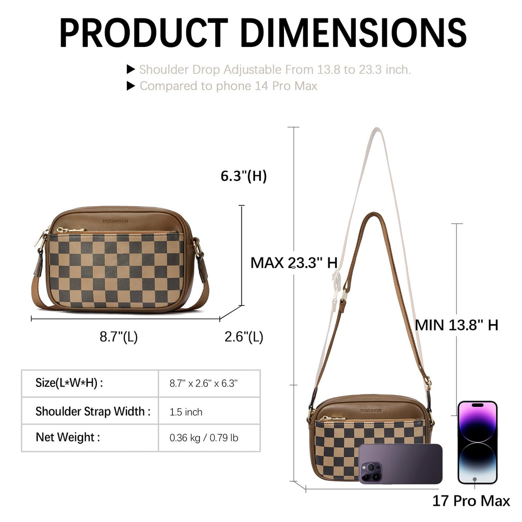 BOSTANTEN Quilted Crossbody Bags for Women Vegan Leather Purses Small Shoulder Handbags with Wide Strap Checkered Coffee - SkinNails&Makeup