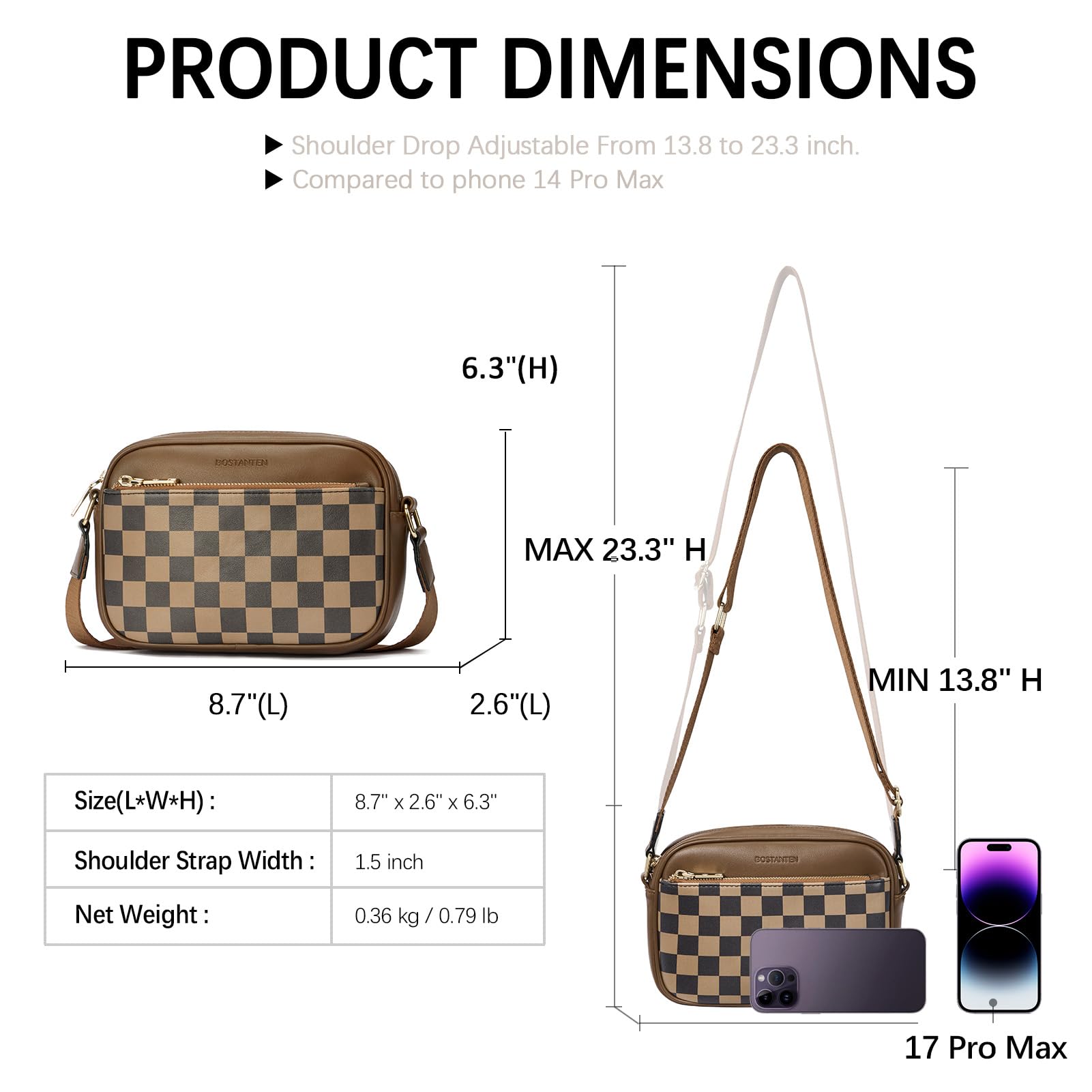 BOSTANTEN Quilted Crossbody Bags for Women Vegan Leather Purses Small Shoulder Handbags with Wide Strap Checkered Coffee - SkinNails&Makeup